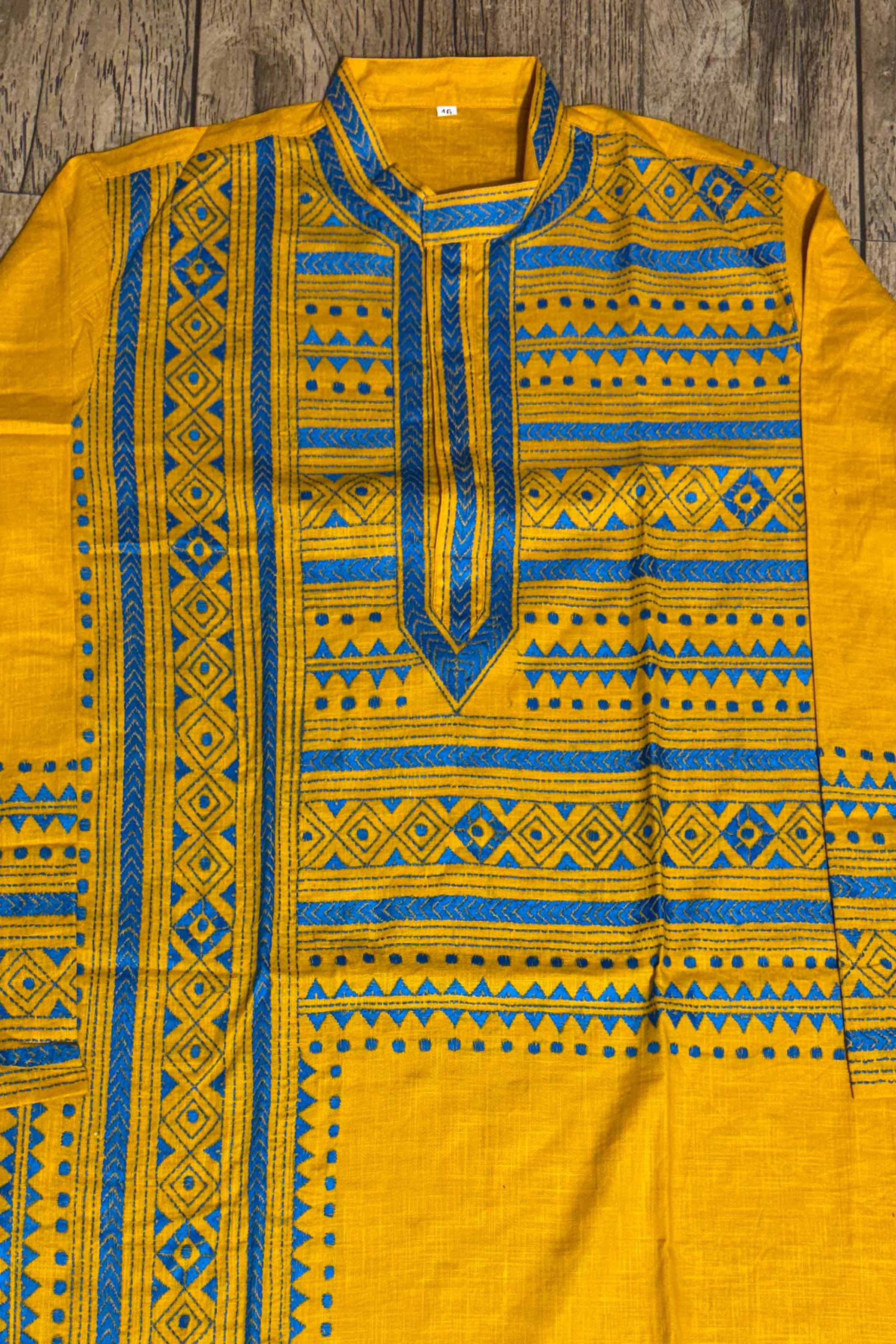 Yellow Color Cotton and Green color Thread Work Kantha Panjabi