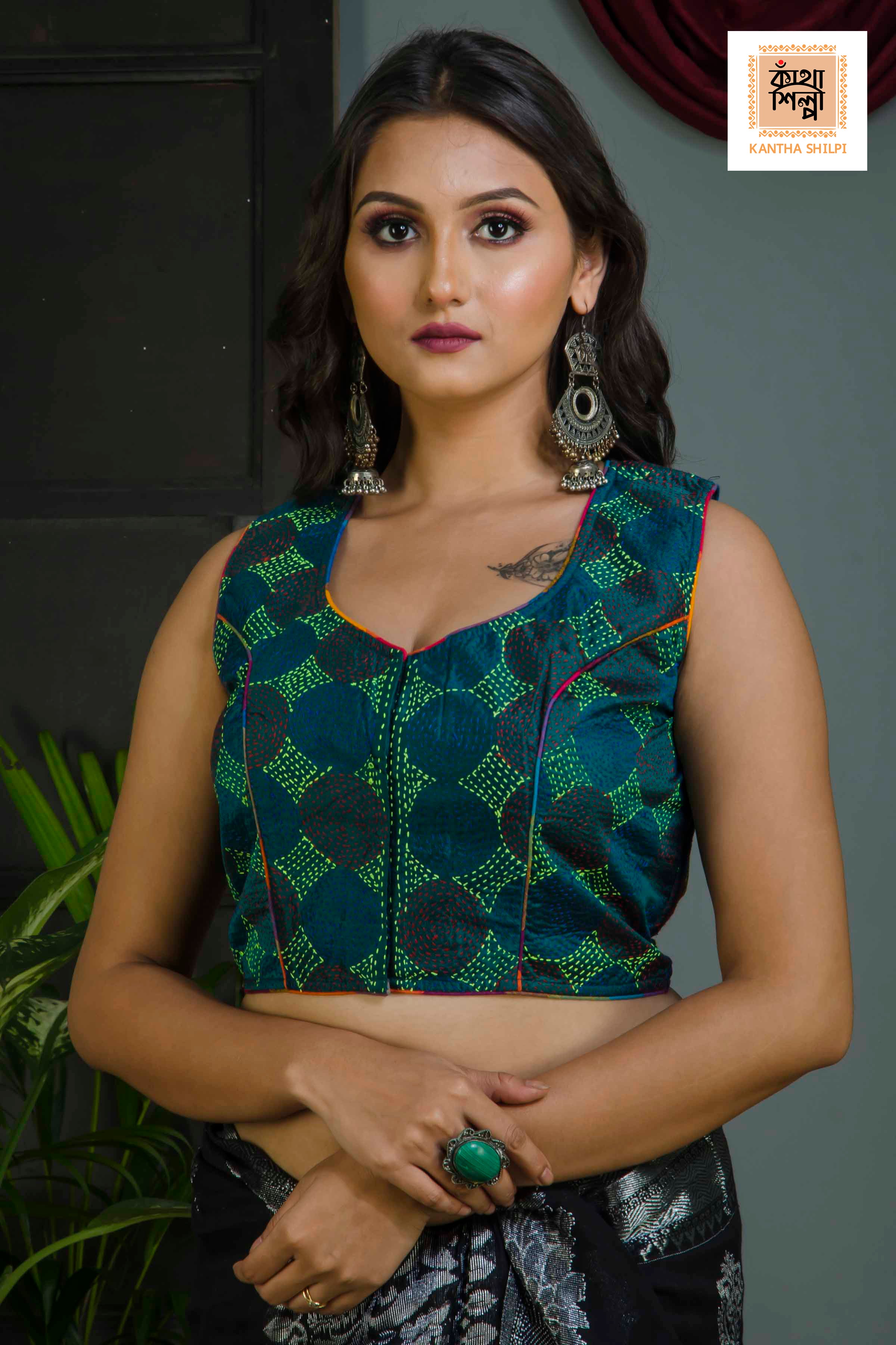 Pure Bangalore Silk Kantha Stitch Sleeveless Blouse