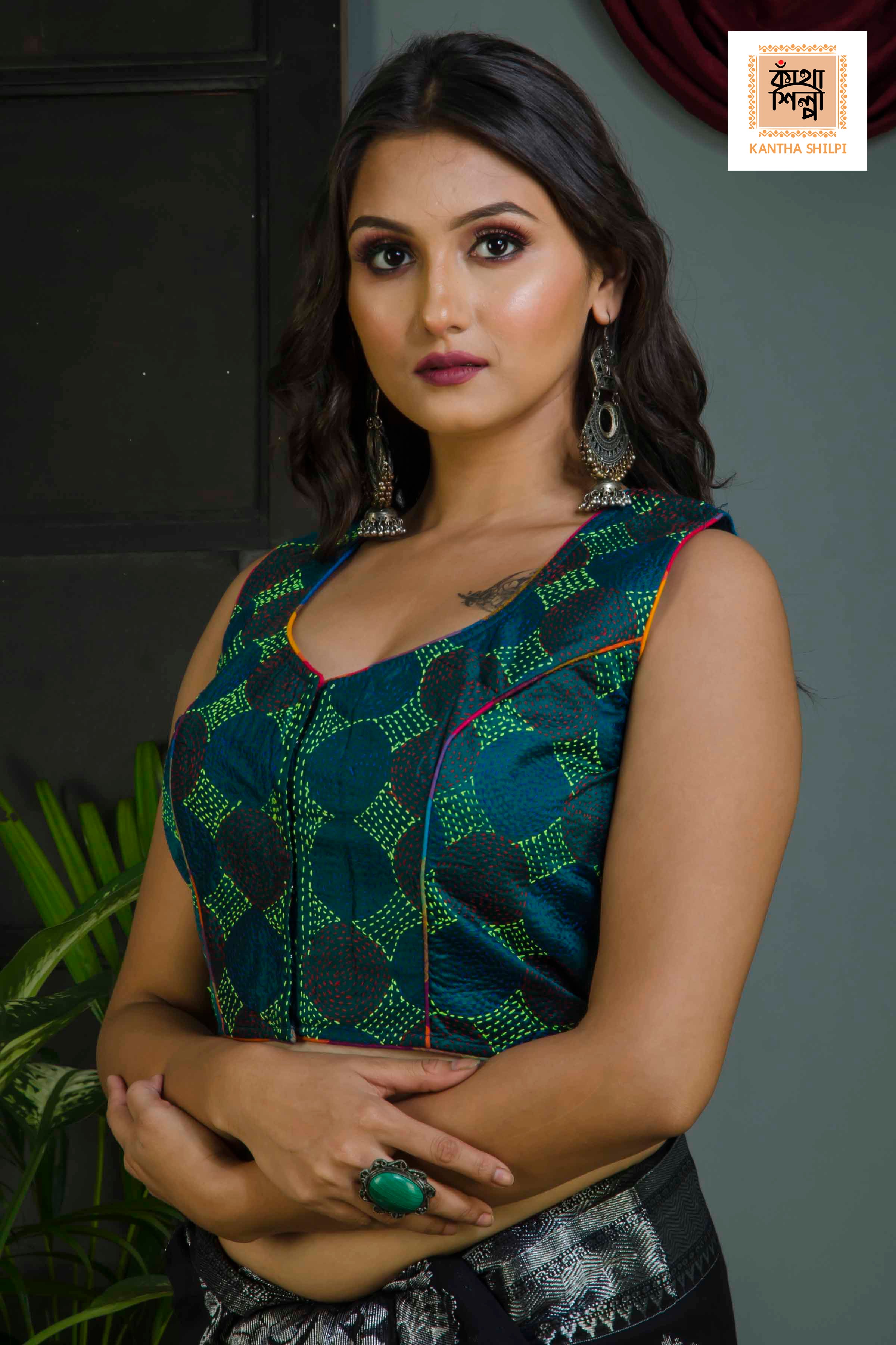 Pure Bangalore Silk Kantha Stitch Sleeveless Blouse