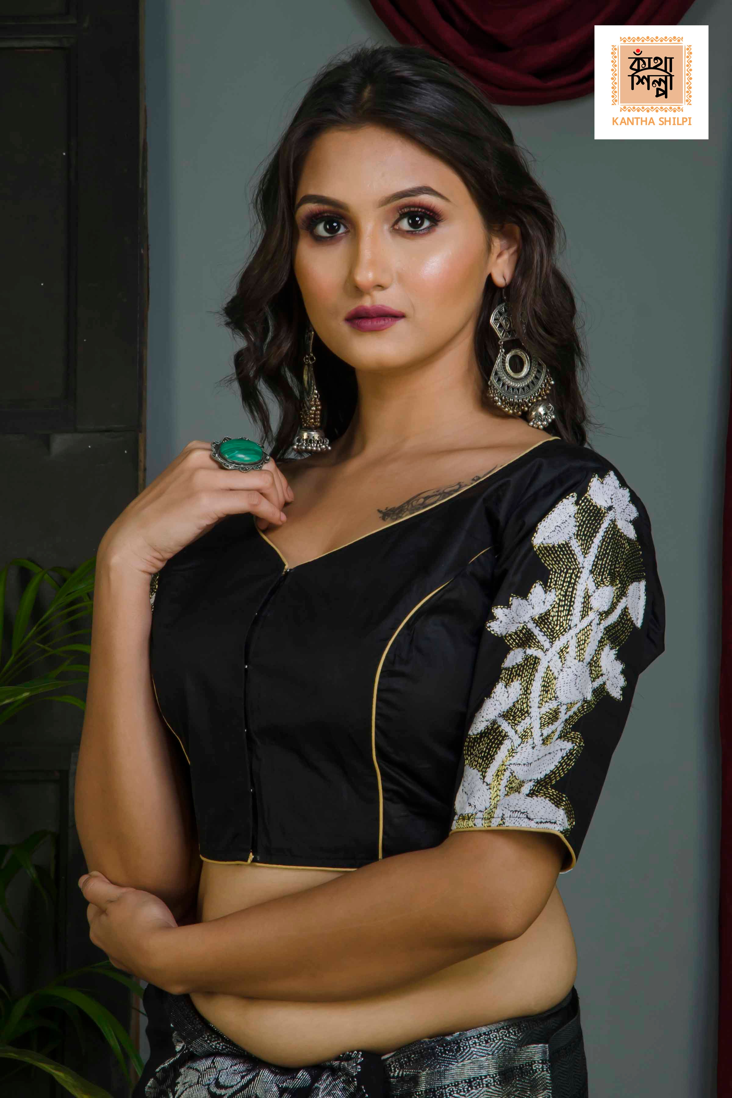 Pure Bangalore Silk Kantha Stitch Glass Sleeves Blouse