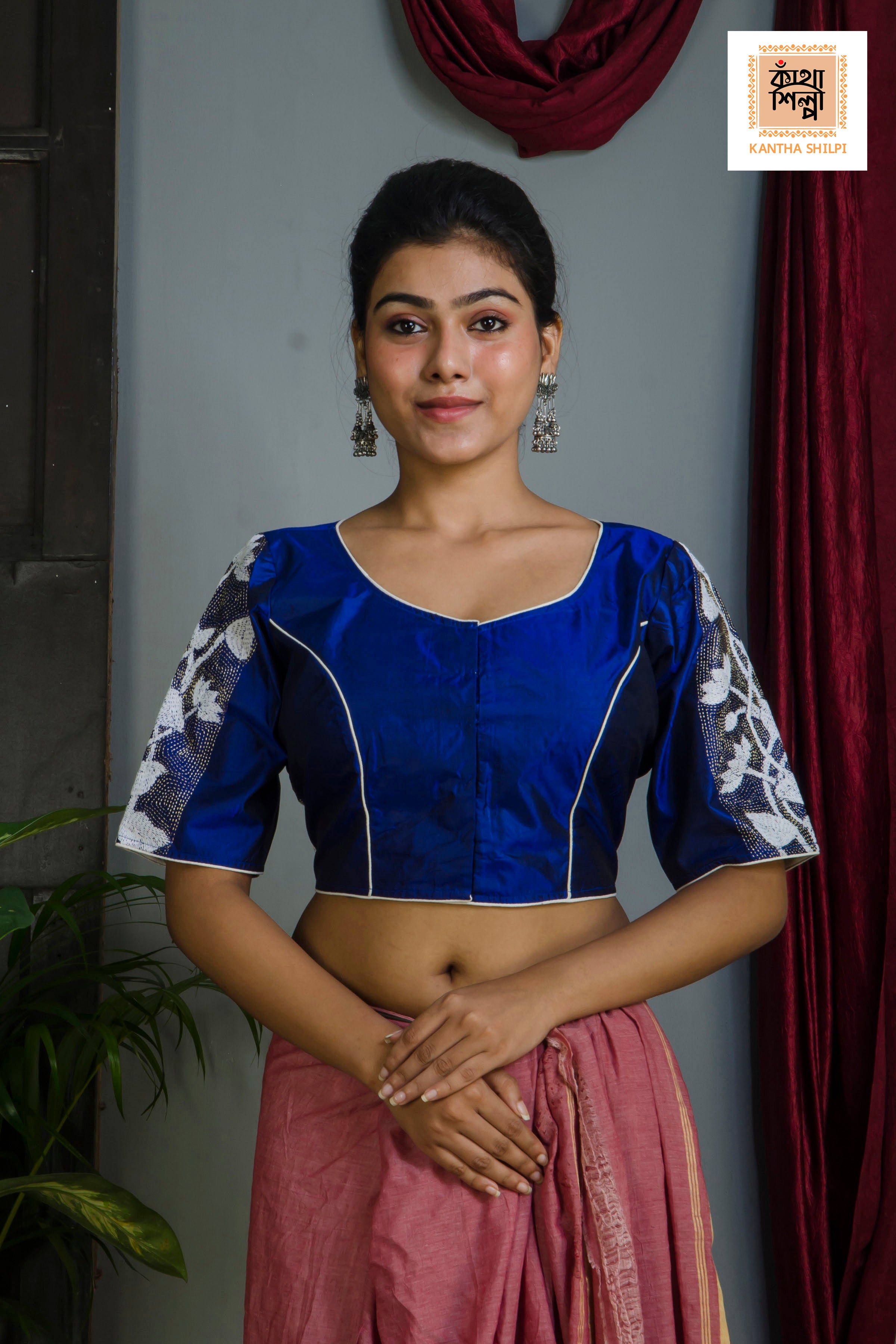 Pure Bangalore Silk Kantha Stitch Glass Sleeves Blouse