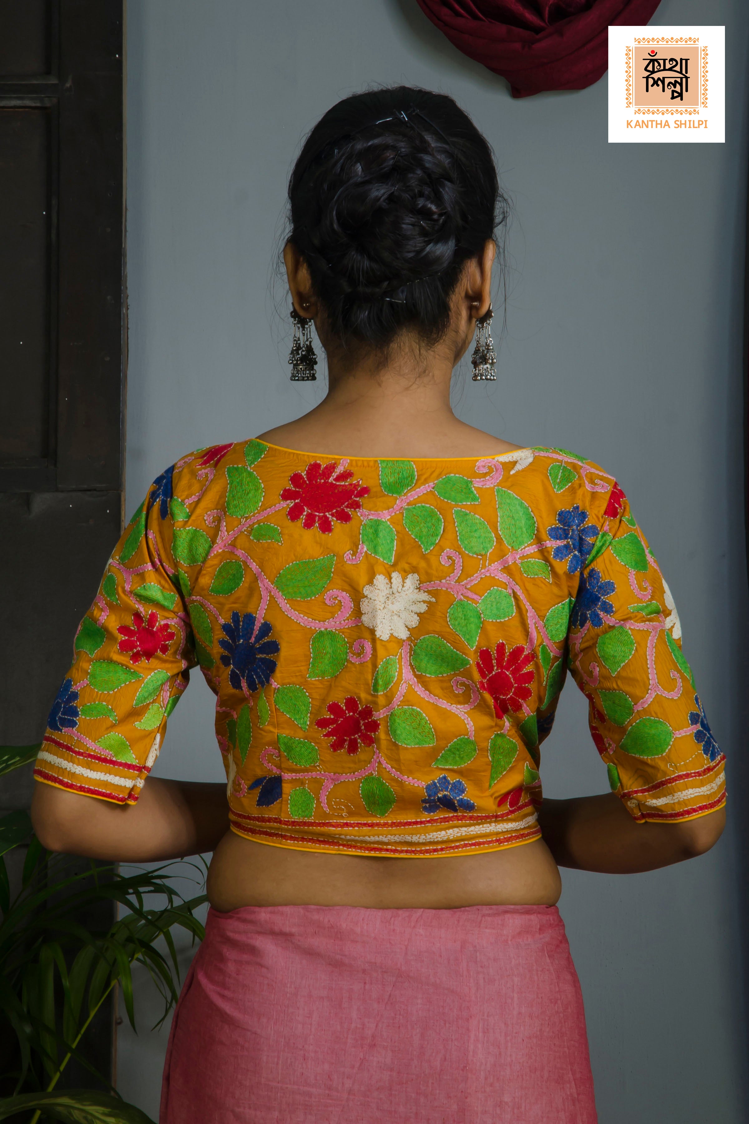 Pure Bangalore Silk Kantha Stitch Glass Sleeves Blouse