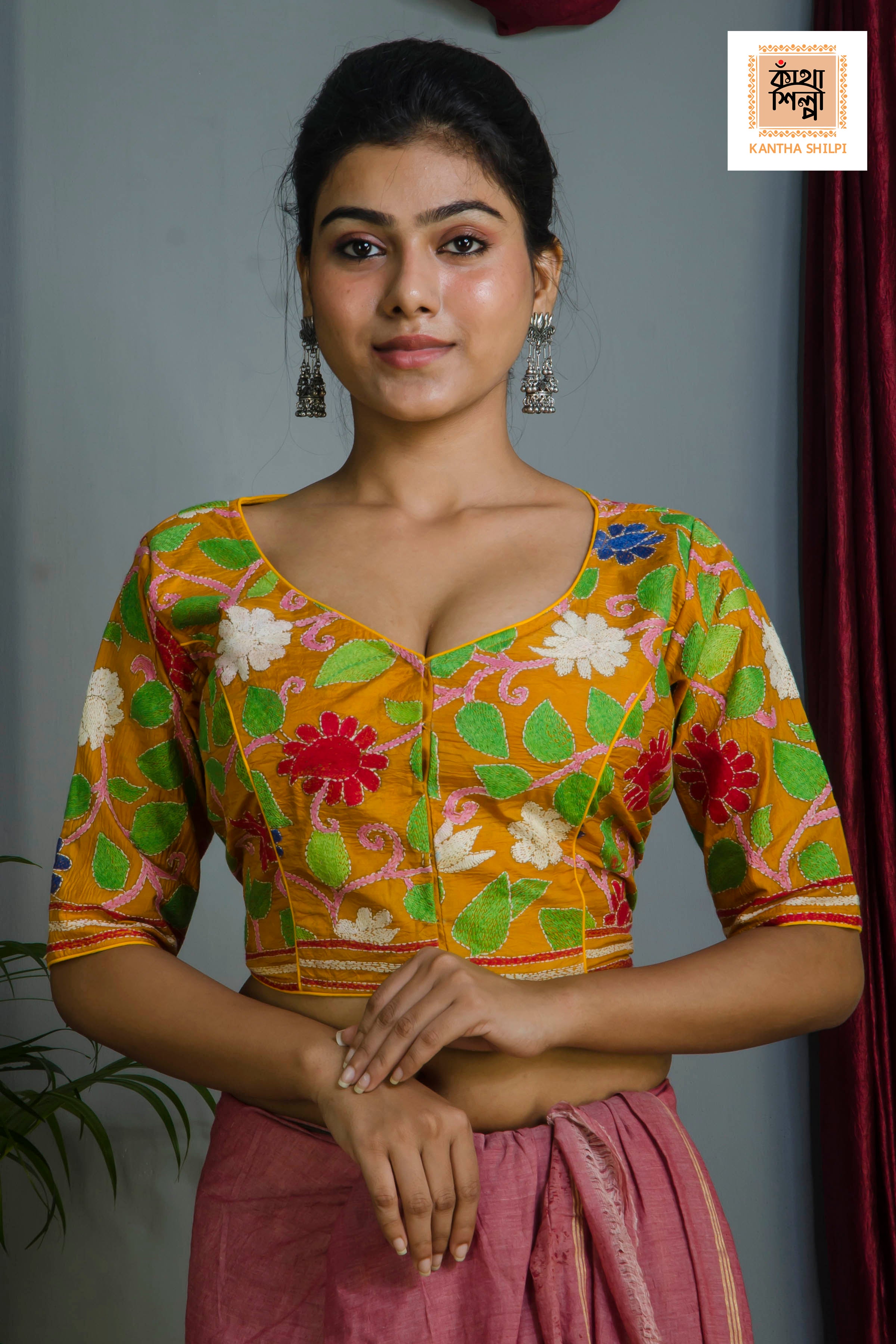 Pure Bangalore Silk Kantha Stitch Glass Sleeves Blouse