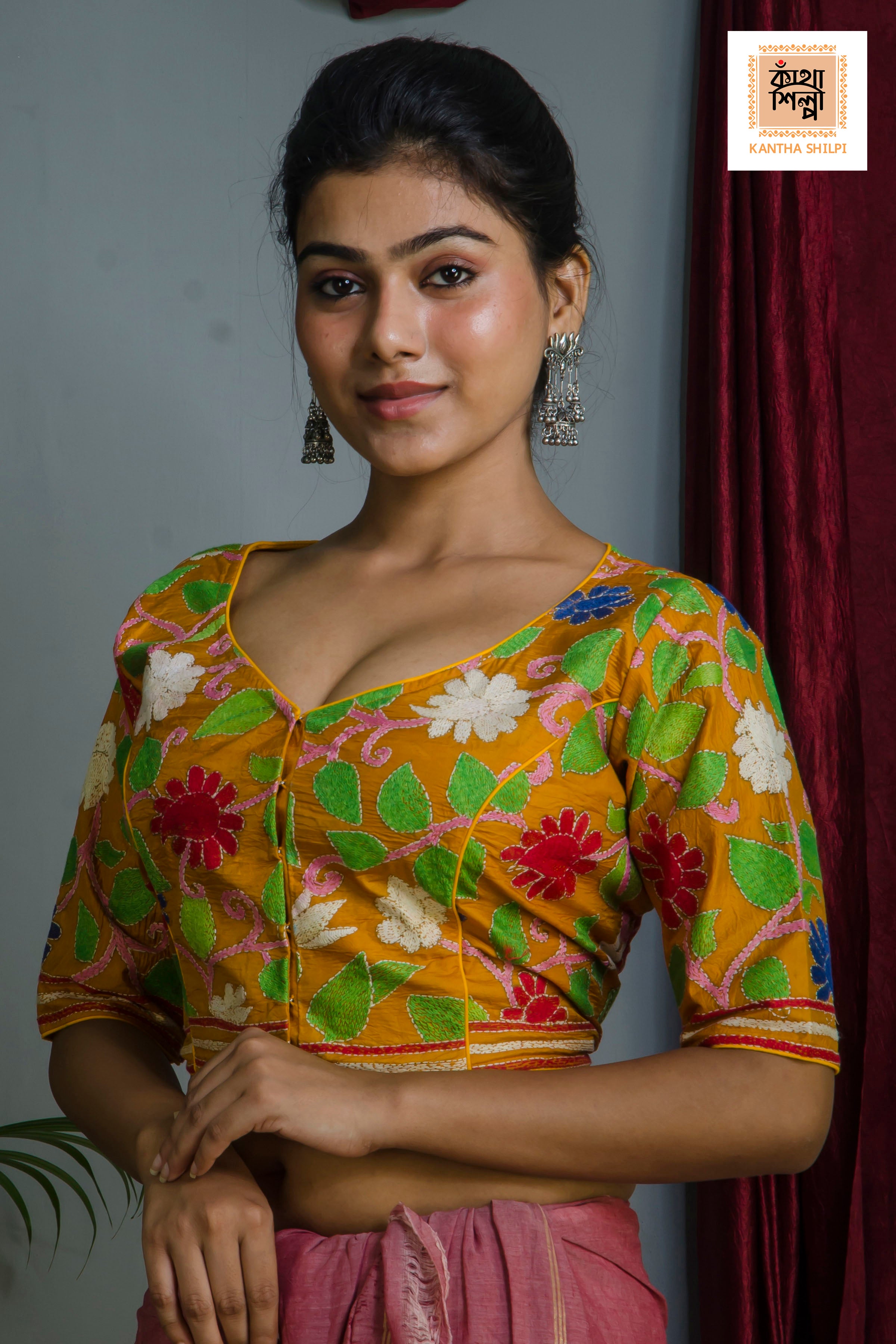 Pure Bangalore Silk Kantha Stitch Glass Sleeves Blouse