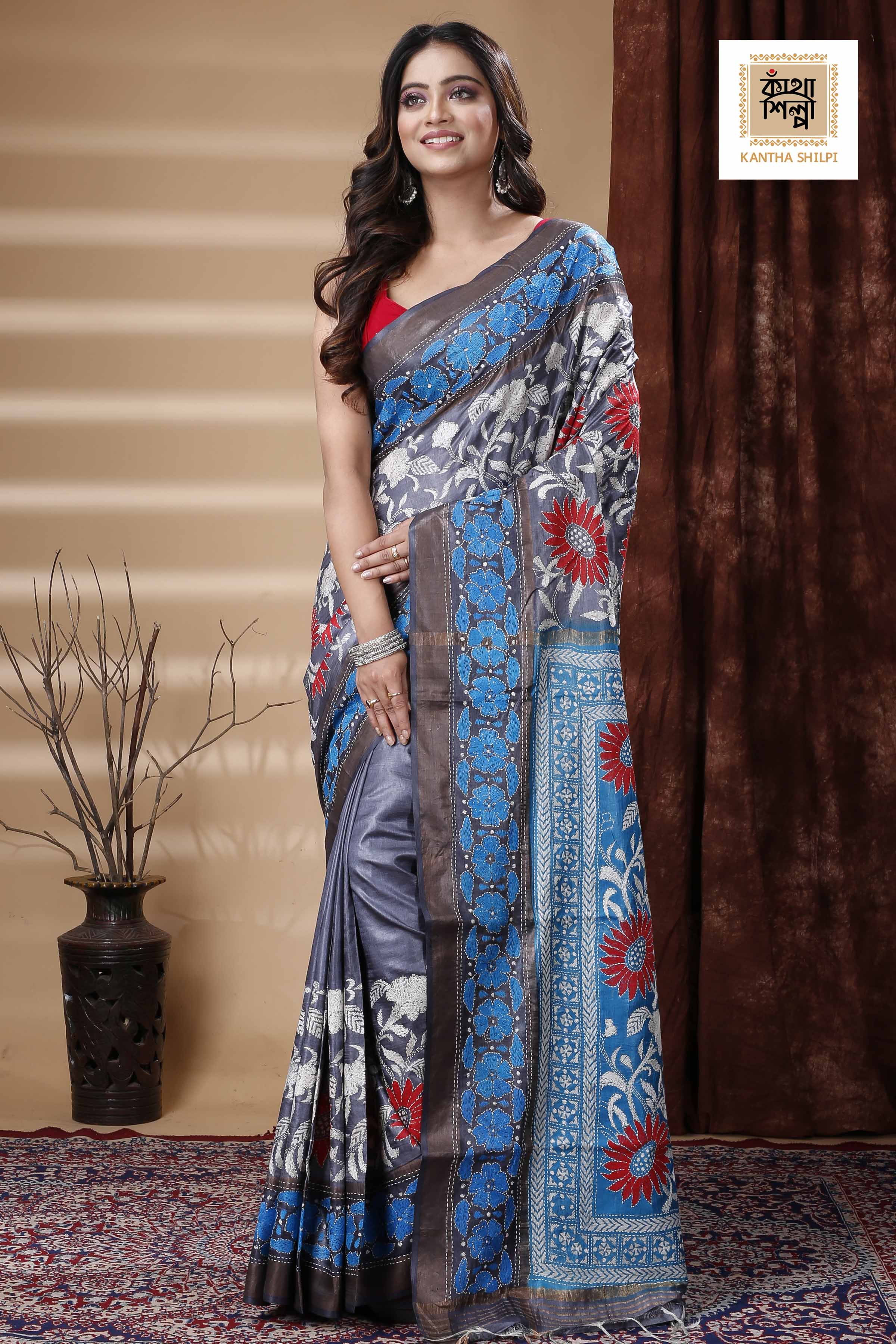 Zori Border Pure Tussar Dye Tussar Kantha Stitch Saree