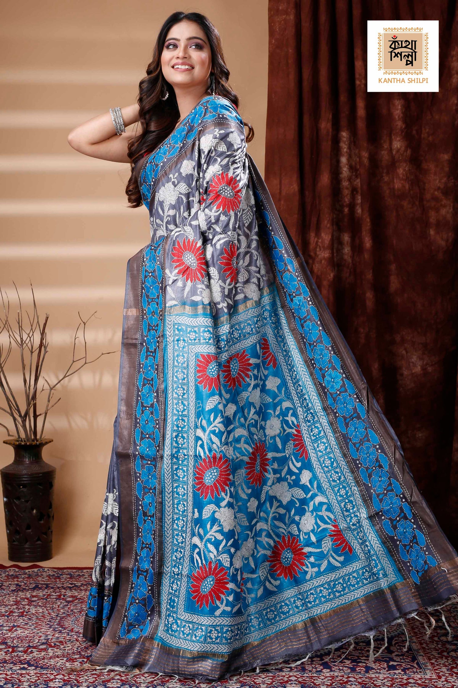 Zori Border Pure Tussar Dye Tussar Kantha Stitch Saree