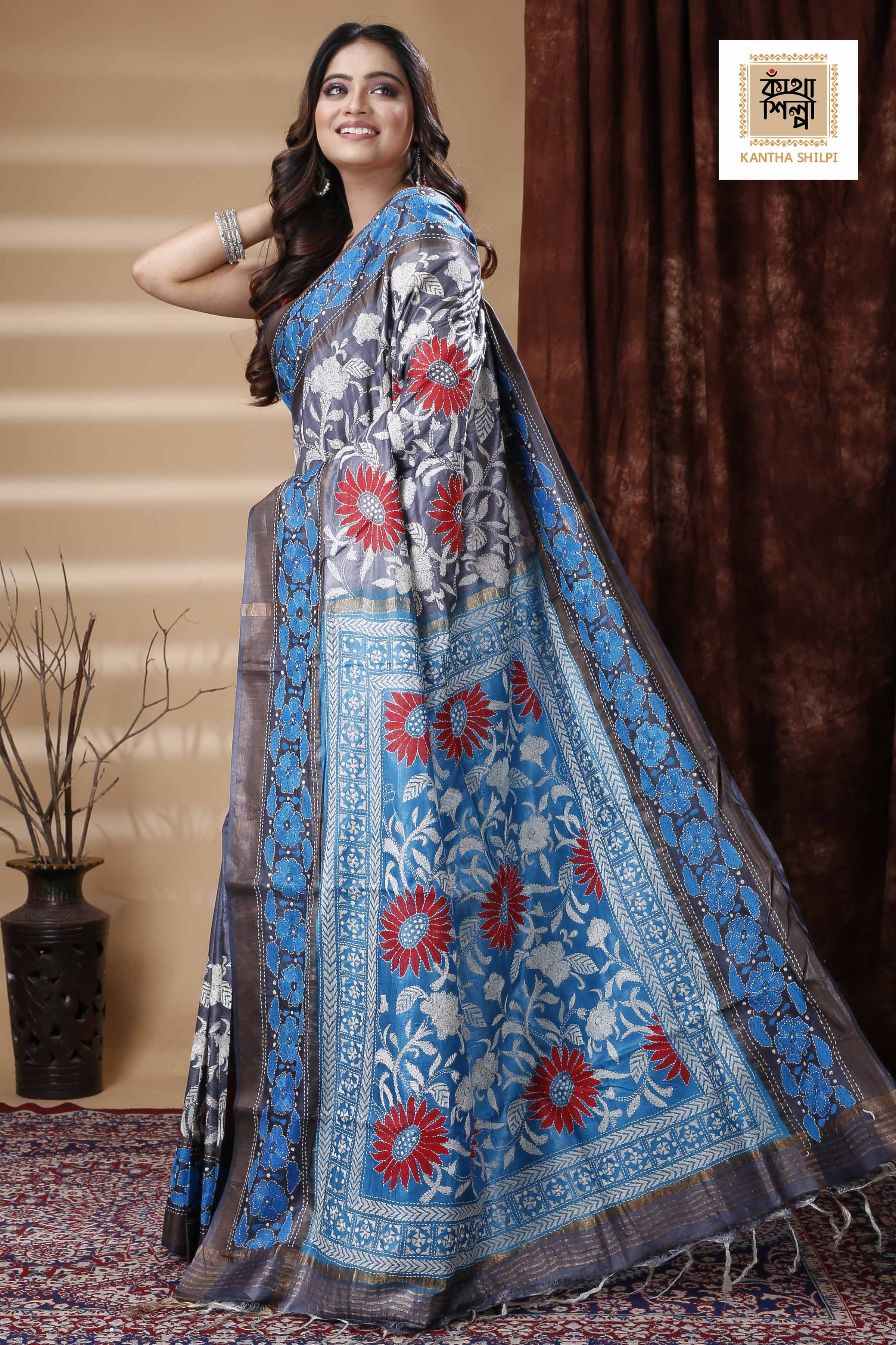 Zori Border Pure Tussar Dye Tussar Kantha Stitch Saree