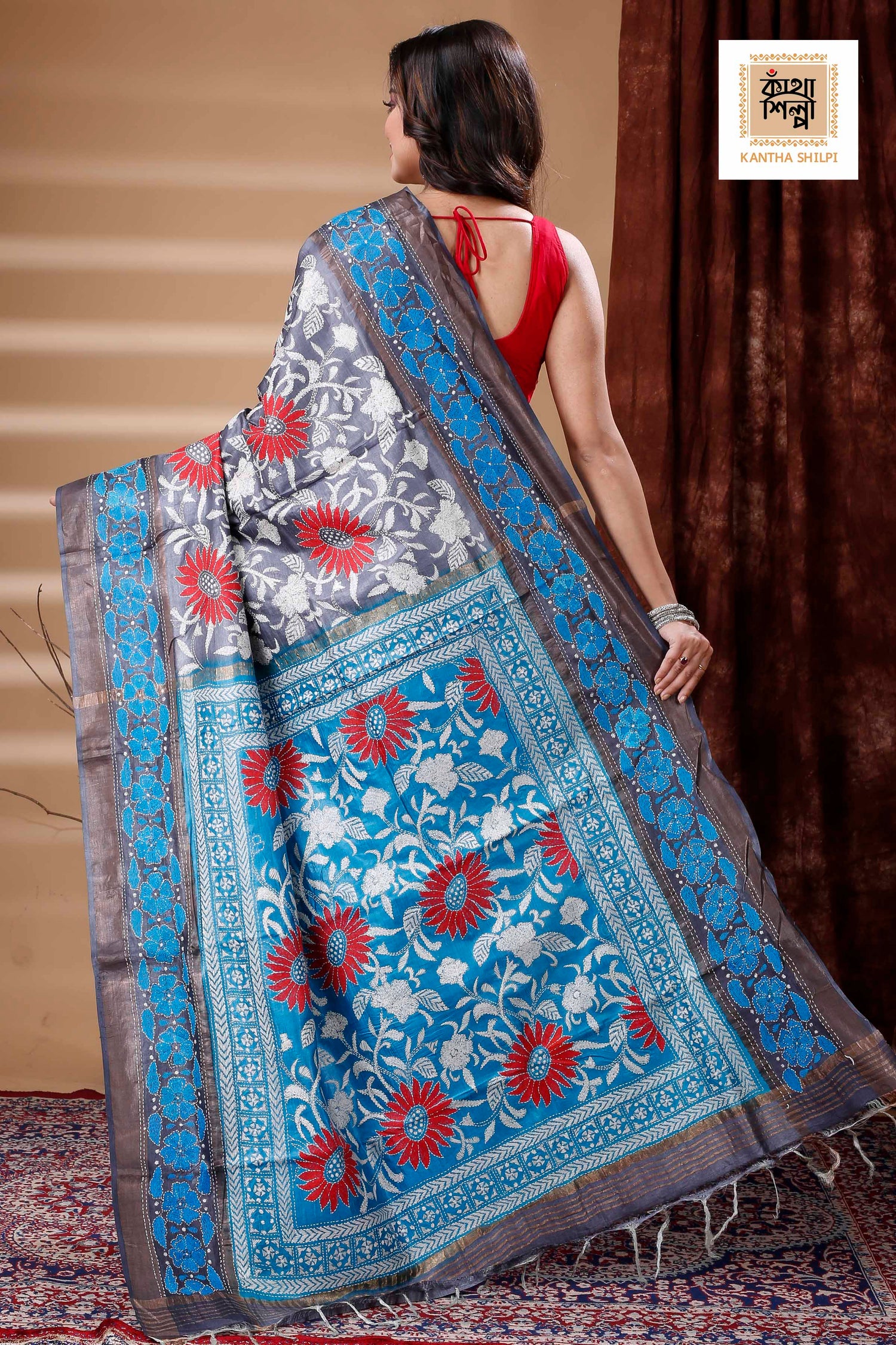 Zori Border Pure Tussar Dye Tussar Kantha Stitch Saree