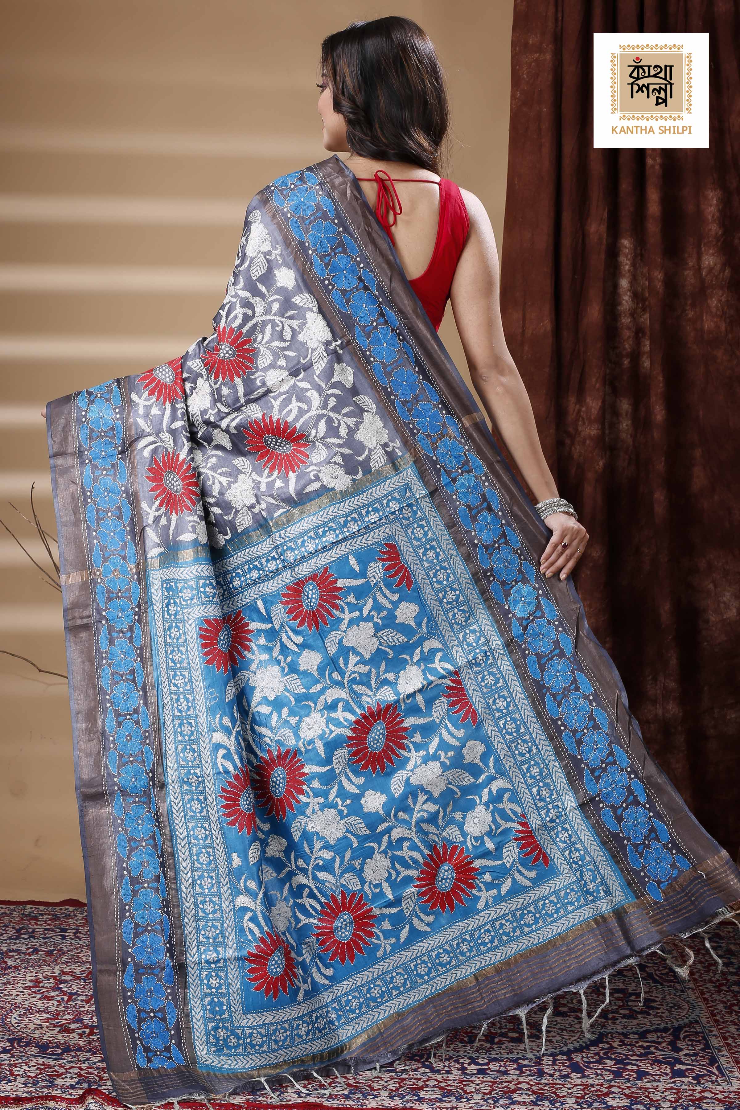 Zori Border Pure Tussar Dye Tussar Kantha Stitch Saree