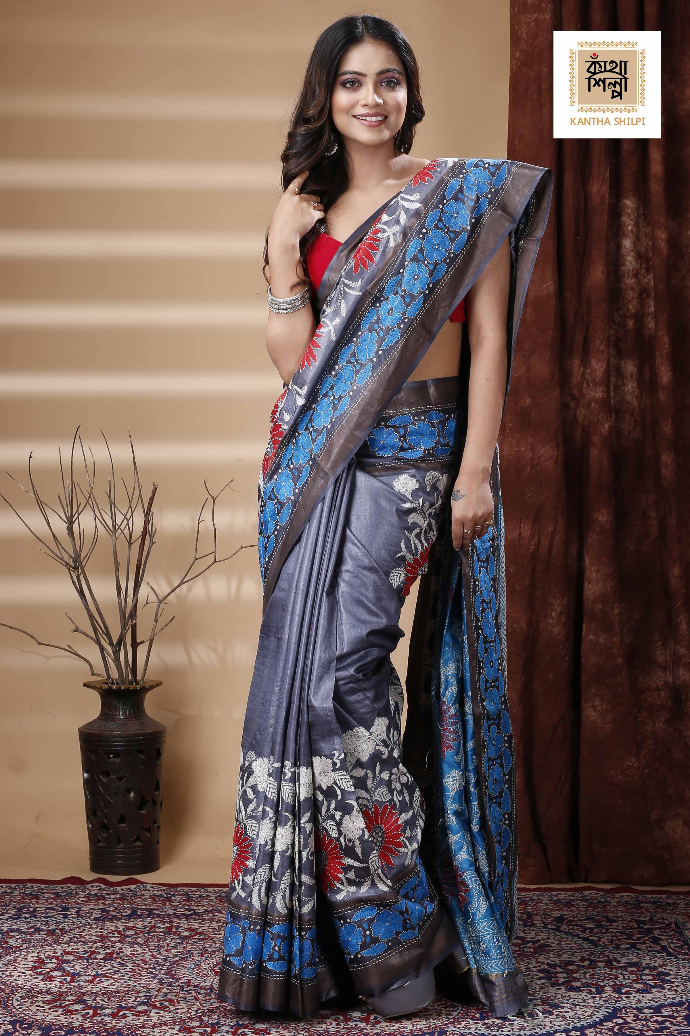 Zori Border Pure Tussar Dye Tussar Kantha Stitch Saree