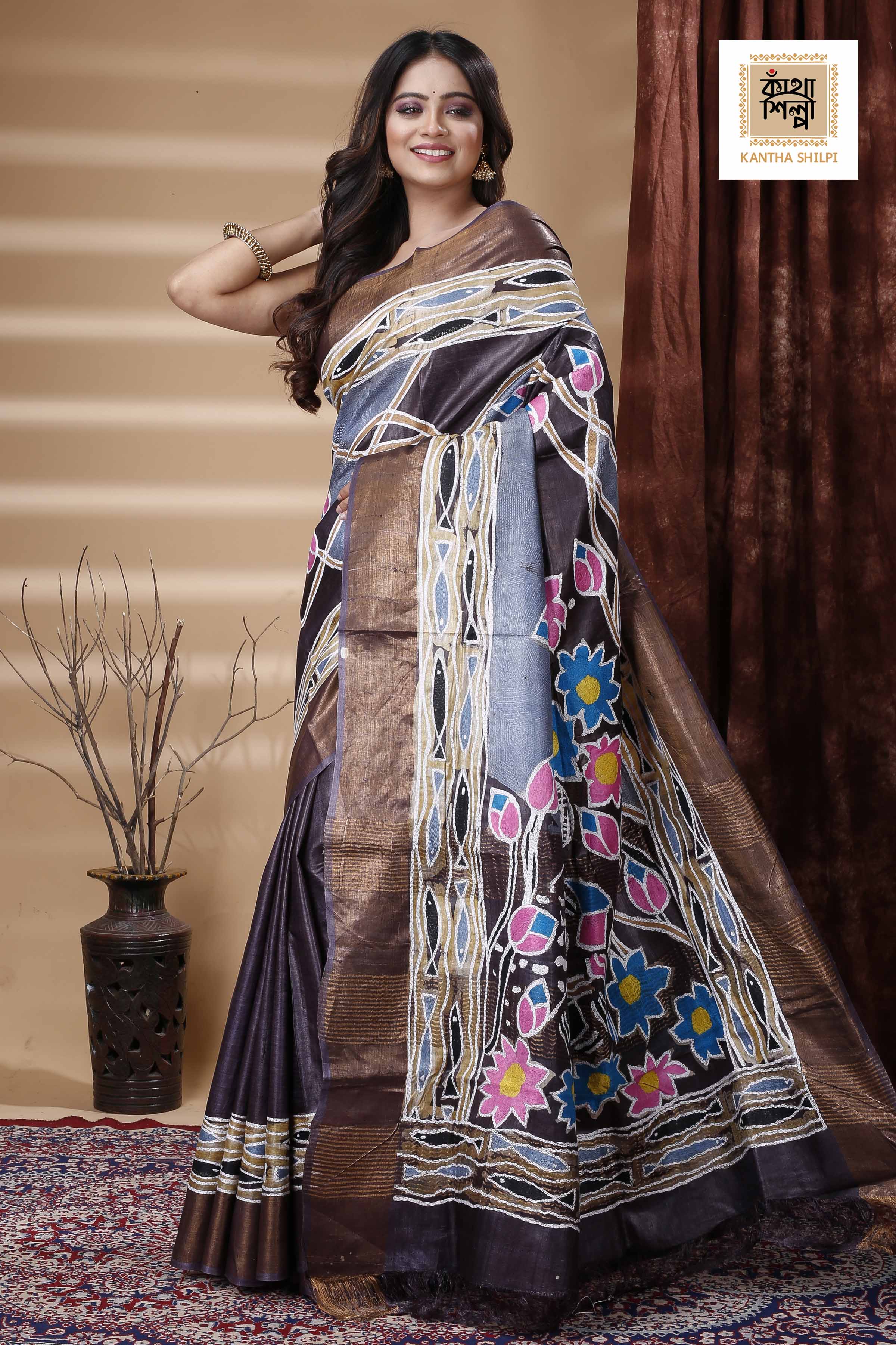 Zori Border Pure Tussar Dye Tussar Kantha Stitch Saree