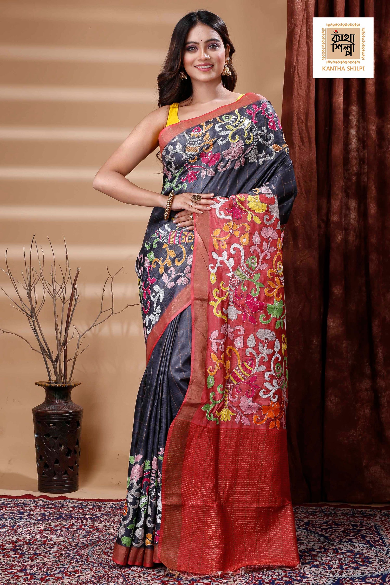 Zori Border and Checks Pure Dye Tussar Kantha Stitch Saree