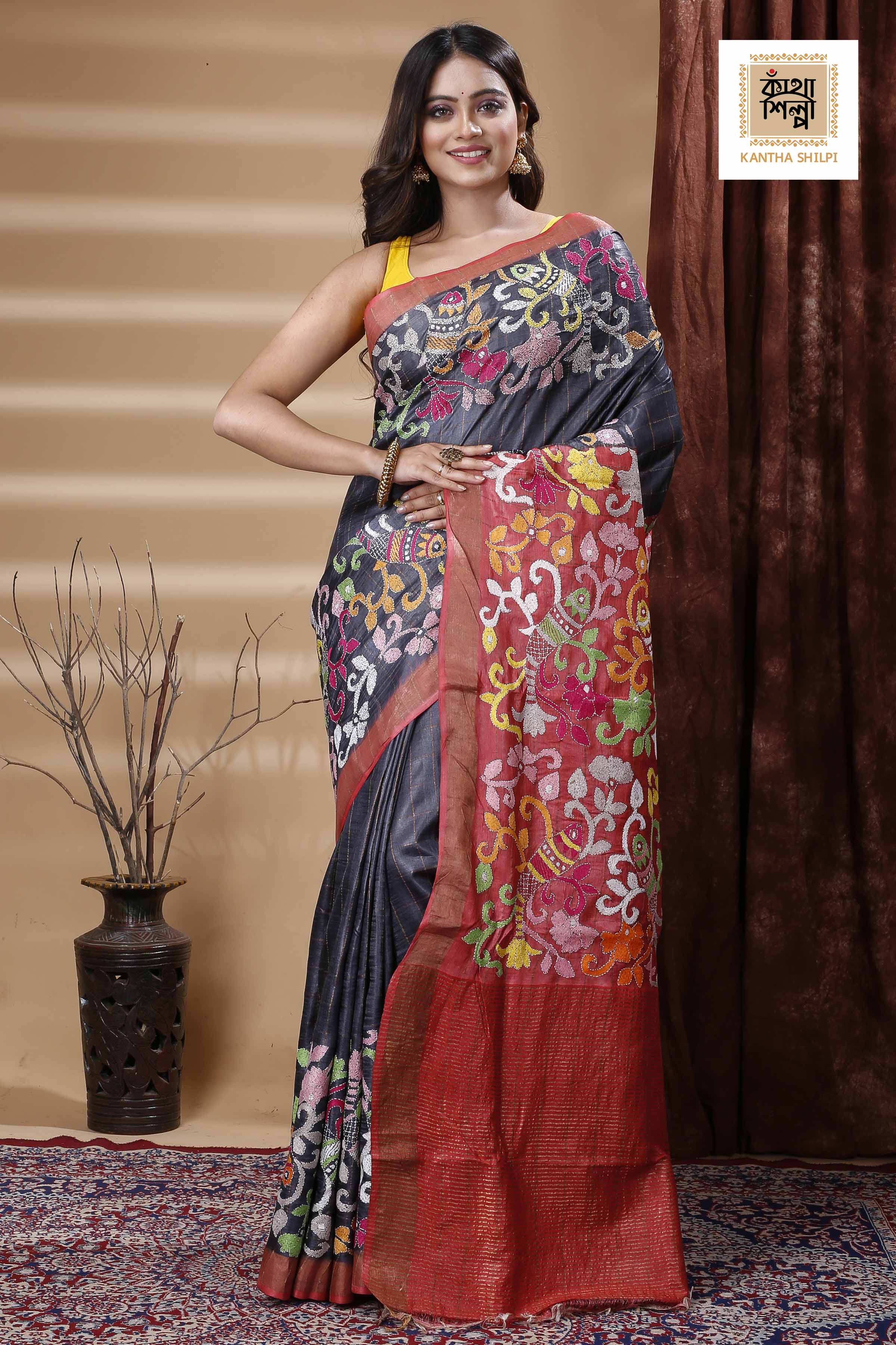 Zori Border and Checks Pure Dye Tussar Kantha Stitch Saree