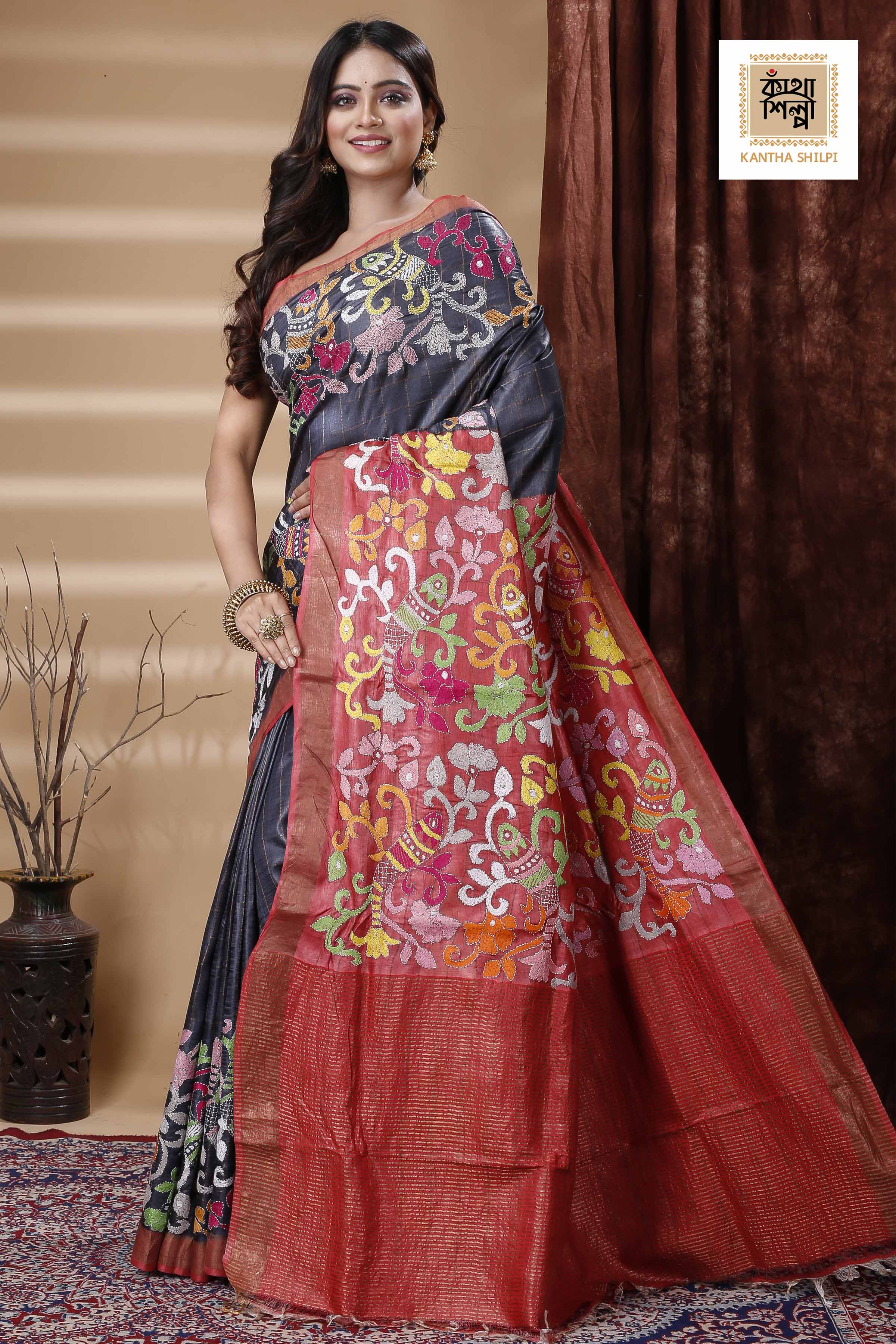 Zori Border and Checks Pure Dye Tussar Kantha Stitch Saree