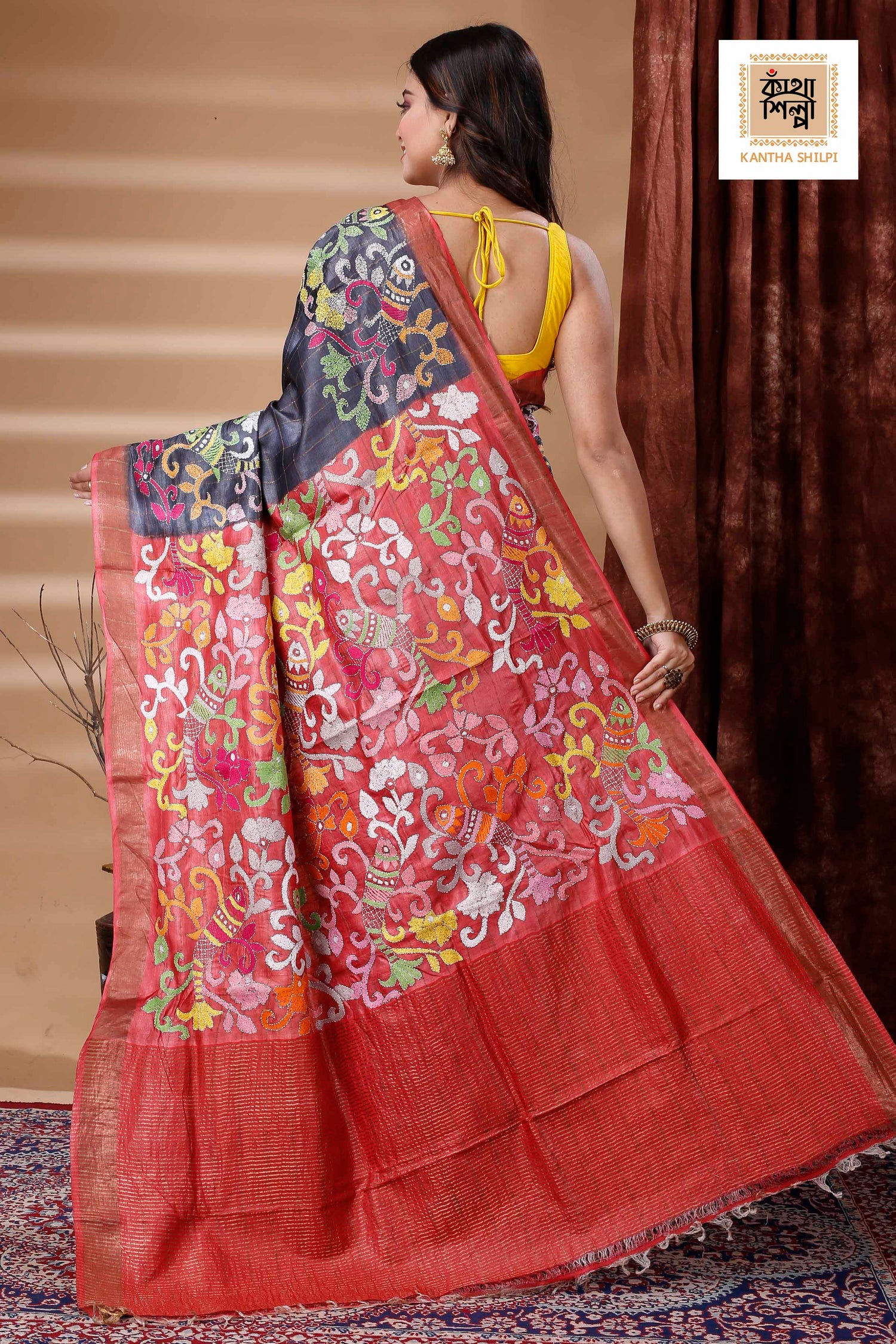 Zori Border and Checks Pure Dye Tussar Kantha Stitch Saree