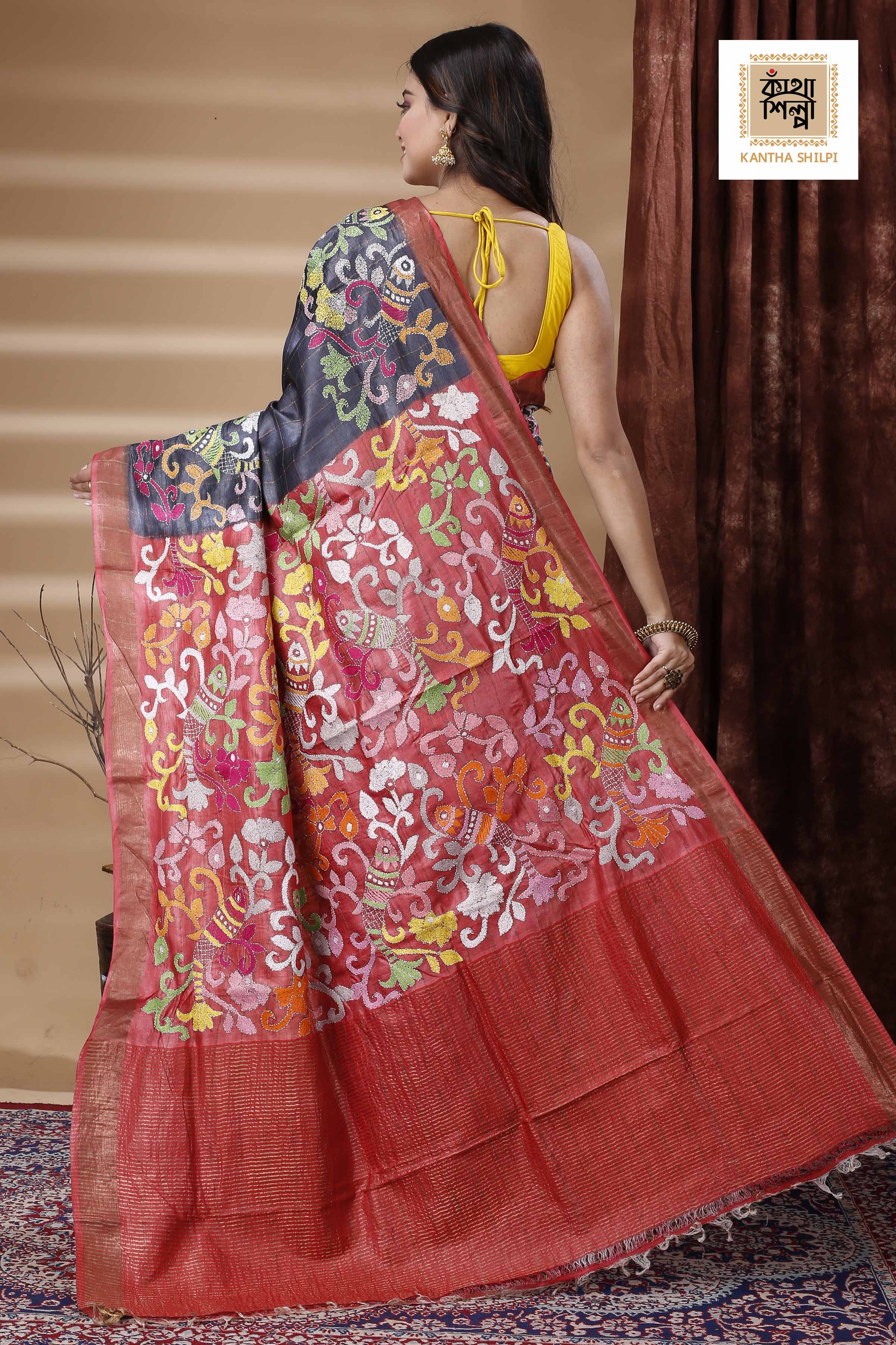 Zori Border and Checks Pure Dye Tussar Kantha Stitch Saree