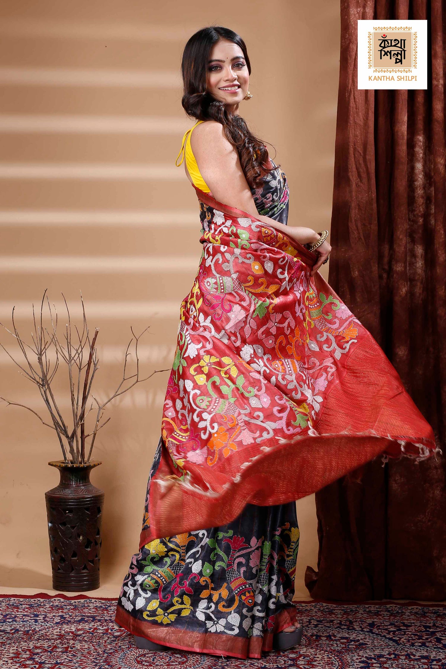 Zori Border and Checks Pure Dye Tussar Kantha Stitch Saree