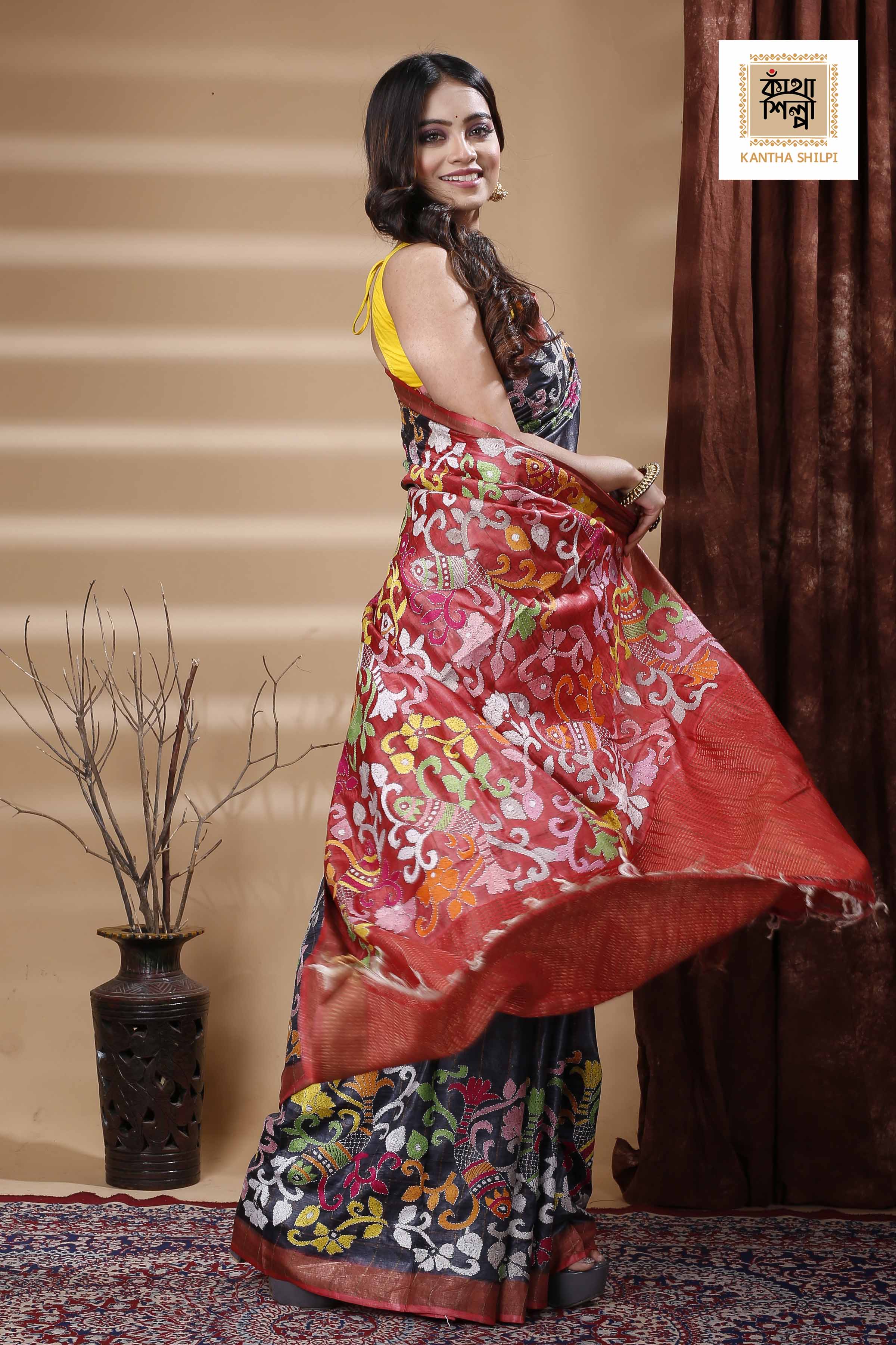 Zori Border and Checks Pure Dye Tussar Kantha Stitch Saree