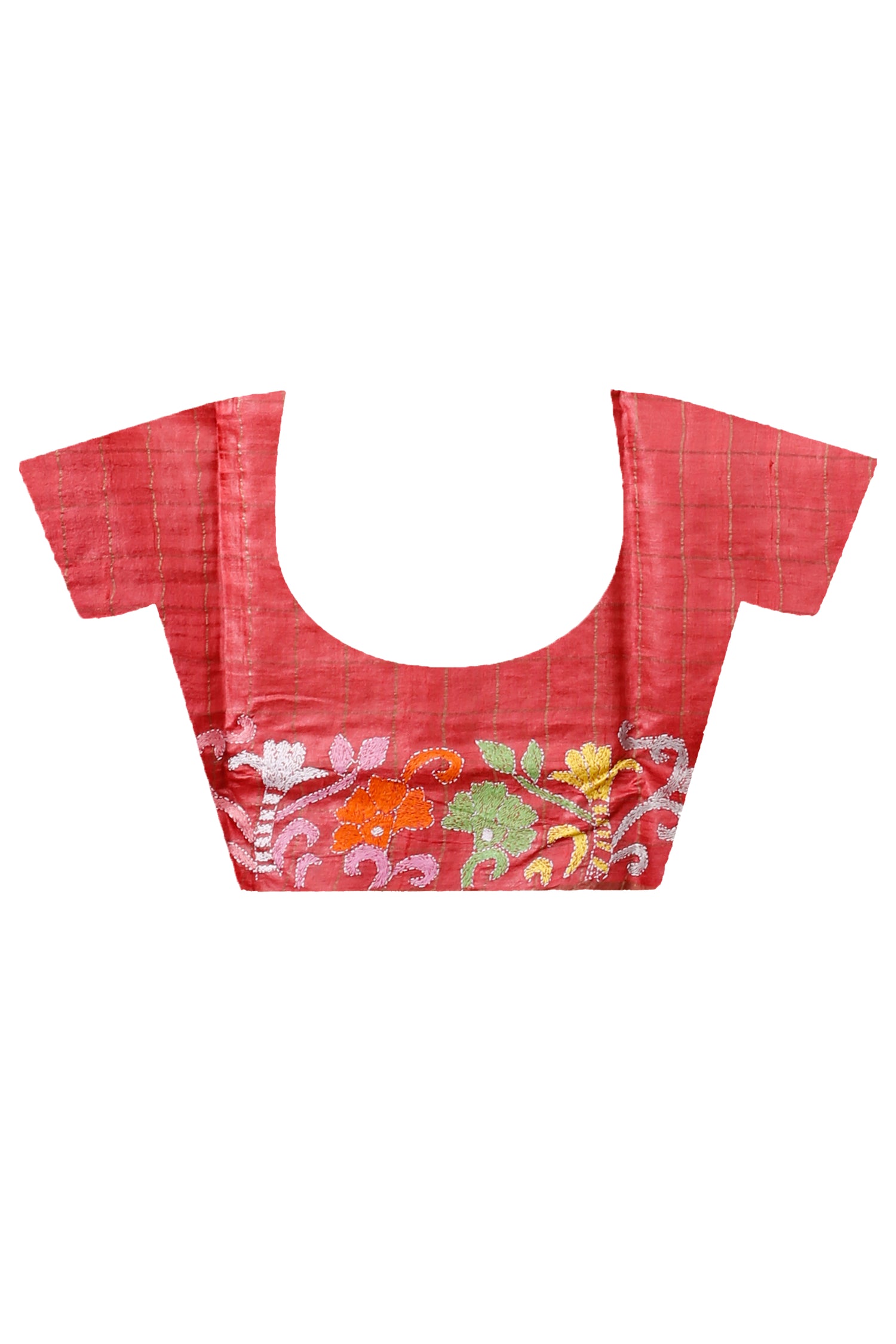 Zori Border and Checks Pure Dye Tussar Kantha Stitch Saree