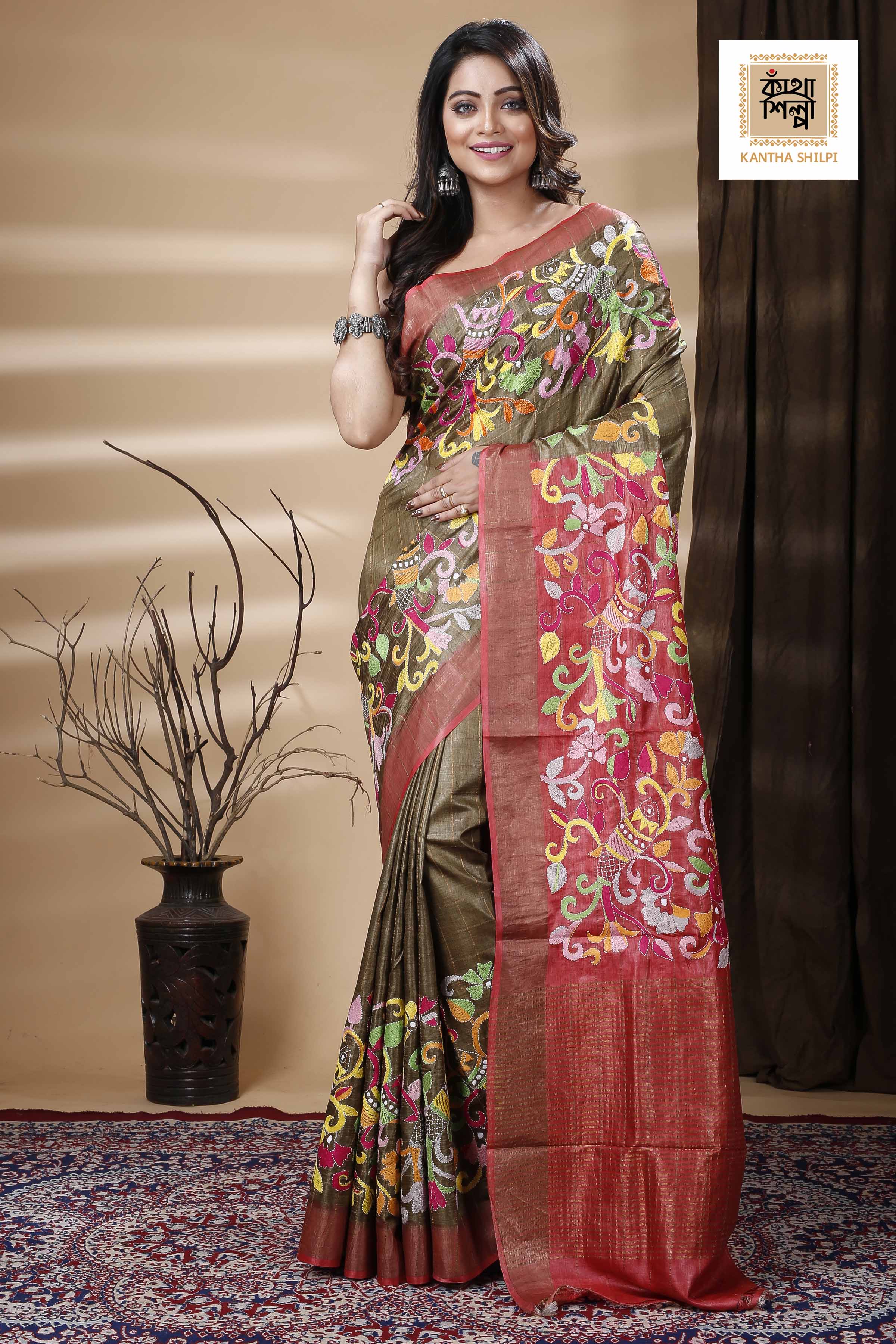 Zori Border and Checks Pure Dye Tussar Kantha Stitch Saree