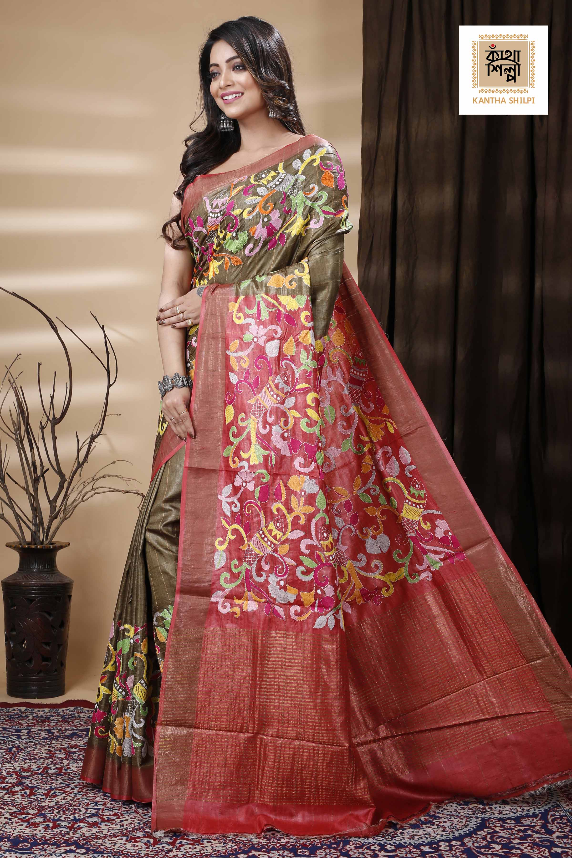 Zori Border and Checks Pure Dye Tussar Kantha Stitch Saree