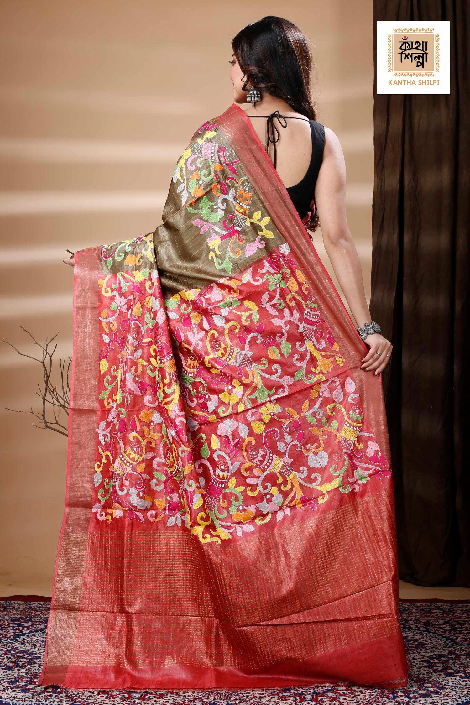 Zori Border and Checks Pure Dye Tussar Kantha Stitch Saree