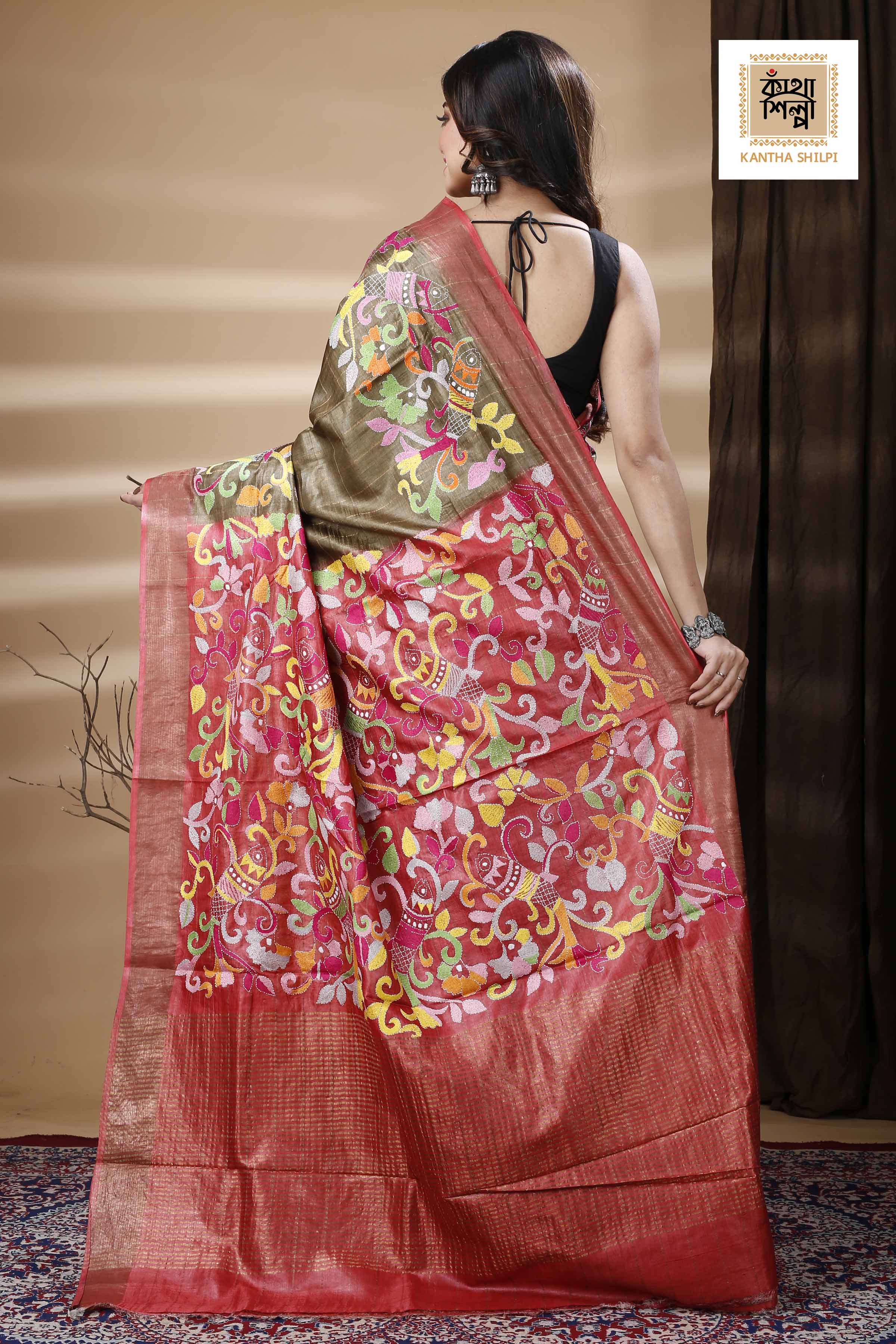 Zori Border and Checks Pure Dye Tussar Kantha Stitch Saree