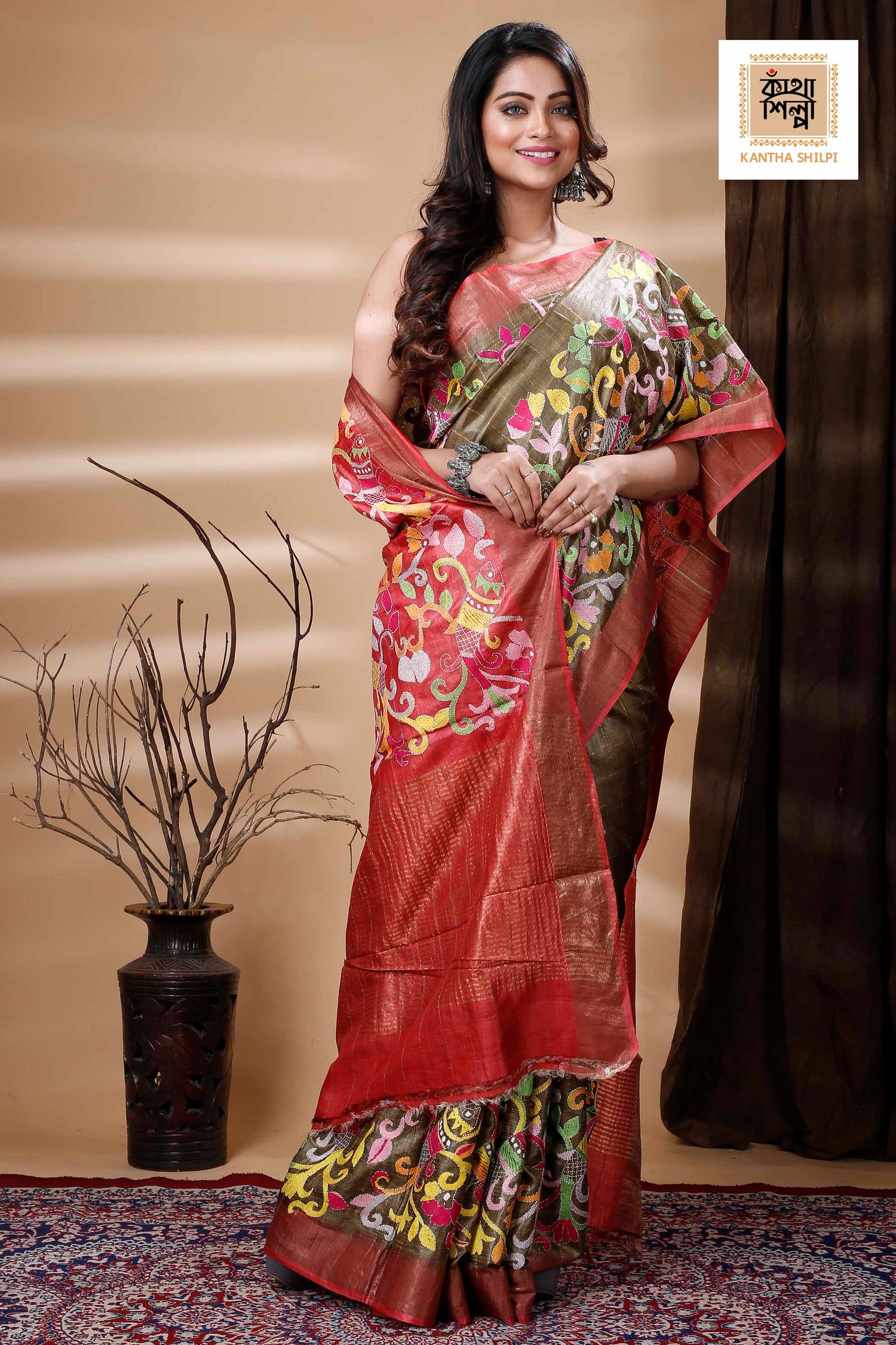 Zori Border and Checks Pure Dye Tussar Kantha Stitch Saree