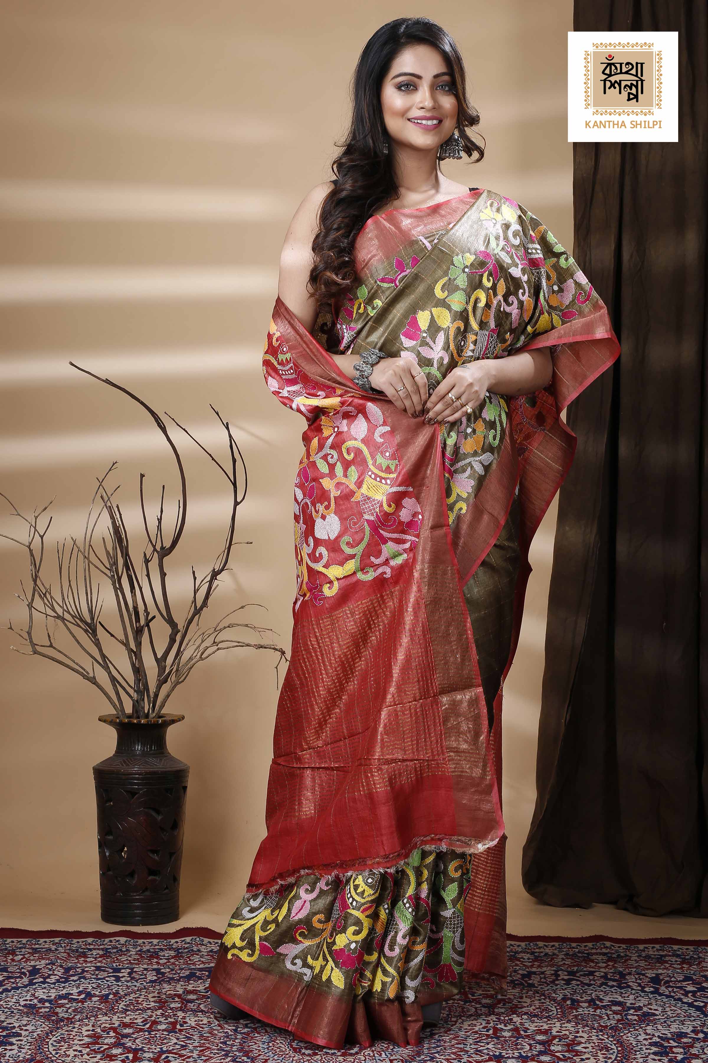 Zori Border and Checks Pure Dye Tussar Kantha Stitch Saree