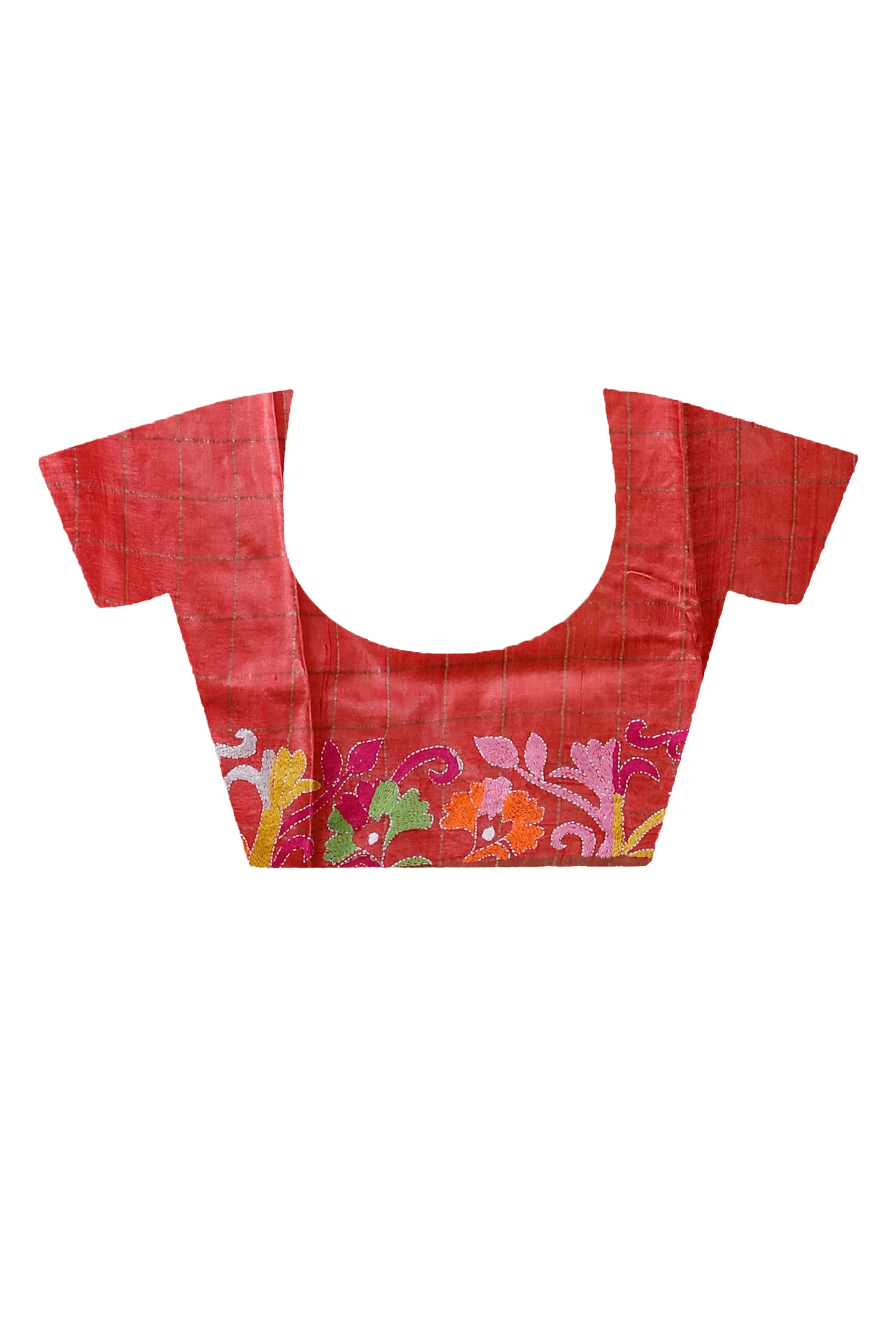 Zori Border and Checks Pure Dye Tussar Kantha Stitch Saree