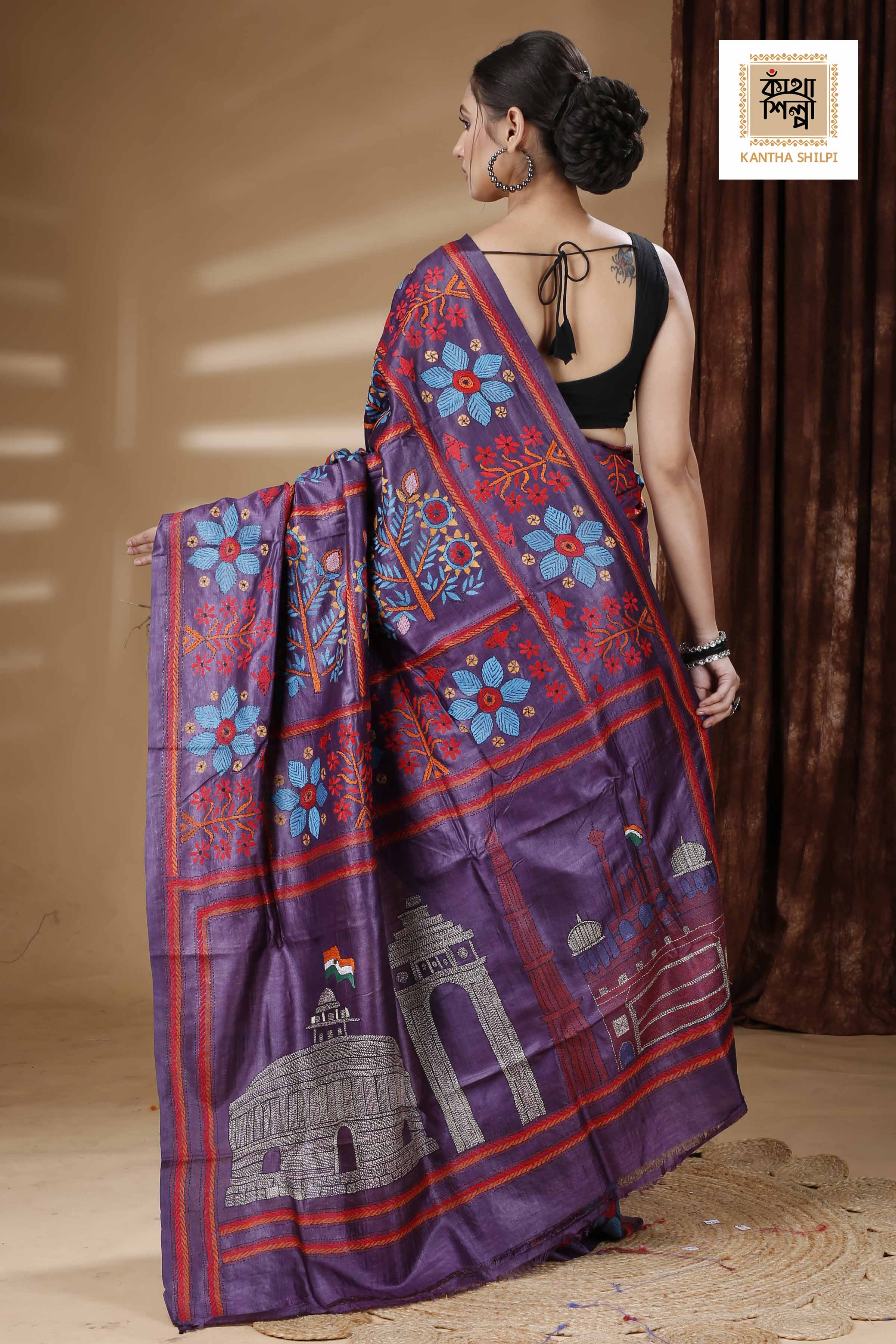 Purple Color Dye Tussar Multicolor Thread Work Kantha Stitch Saree