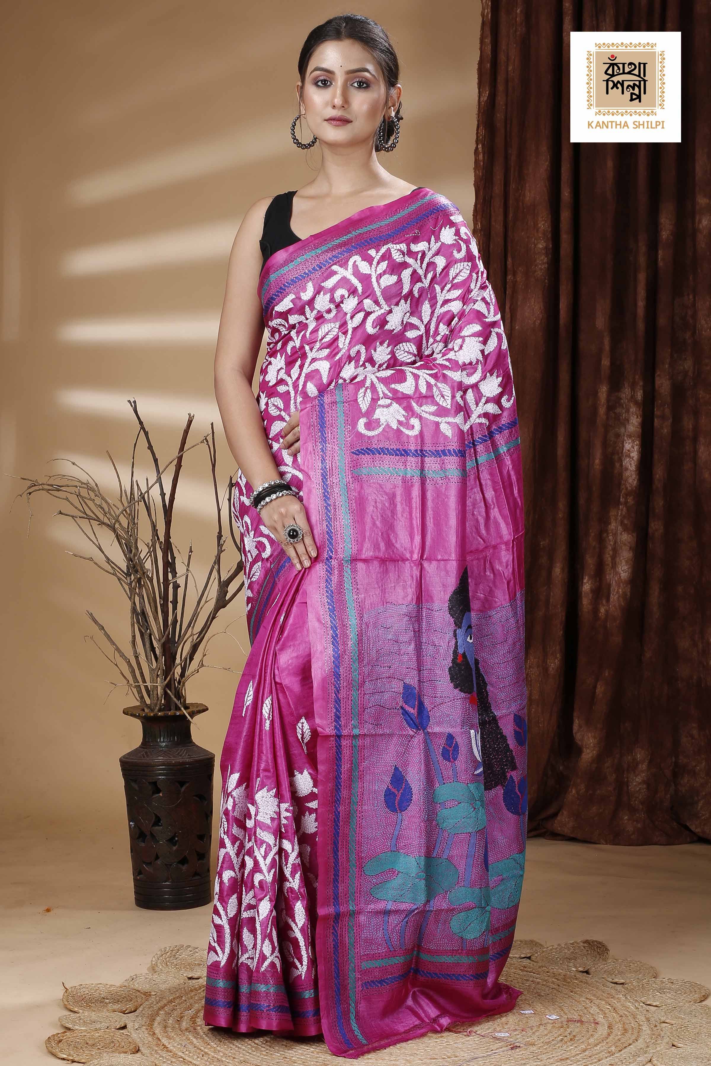 Pink Color Dye Tussar Multicolor Thread Work Kantha Stitch Saree