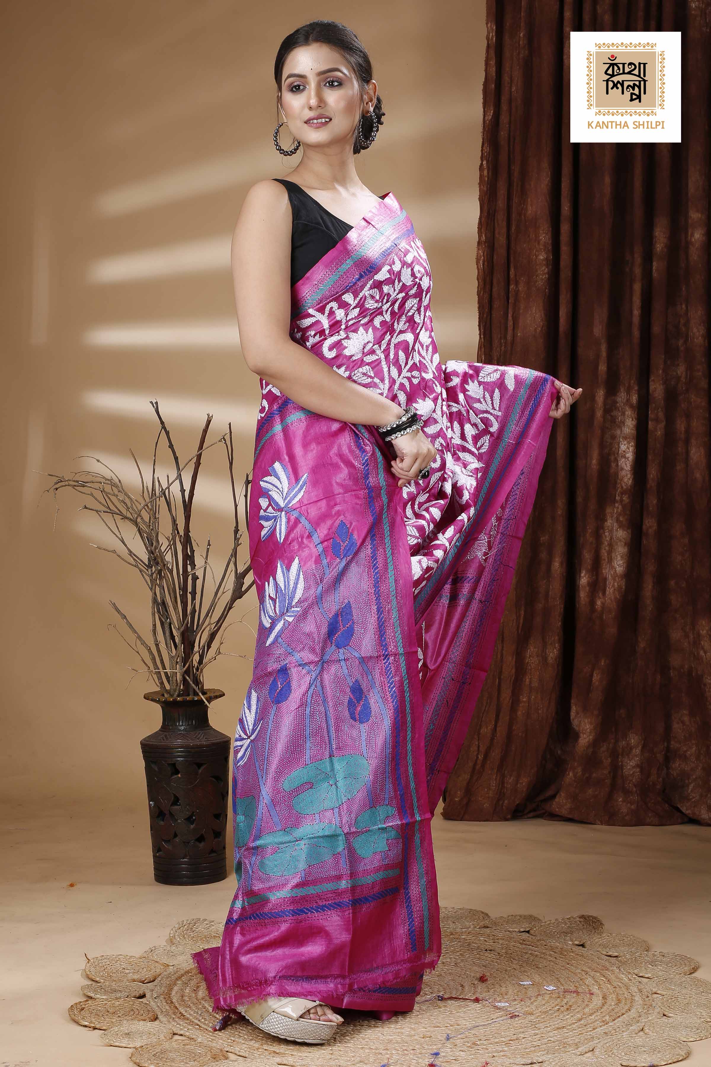 Pink Color Dye Tussar Multicolor Thread Work Kantha Stitch Saree