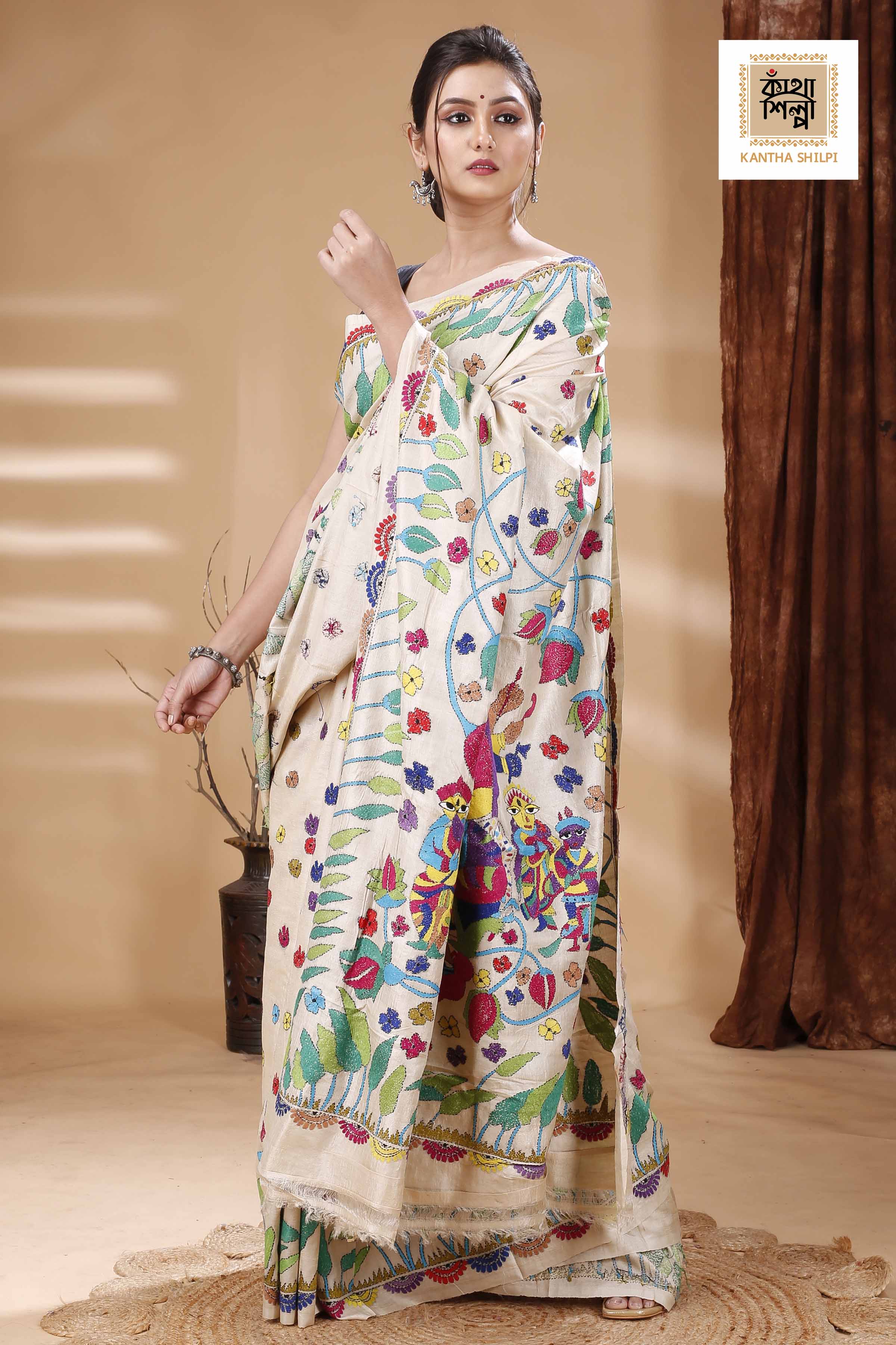 Gachi Tussar Multicolor Thread Work Maa Durga Theme Kantha Stitch Saree