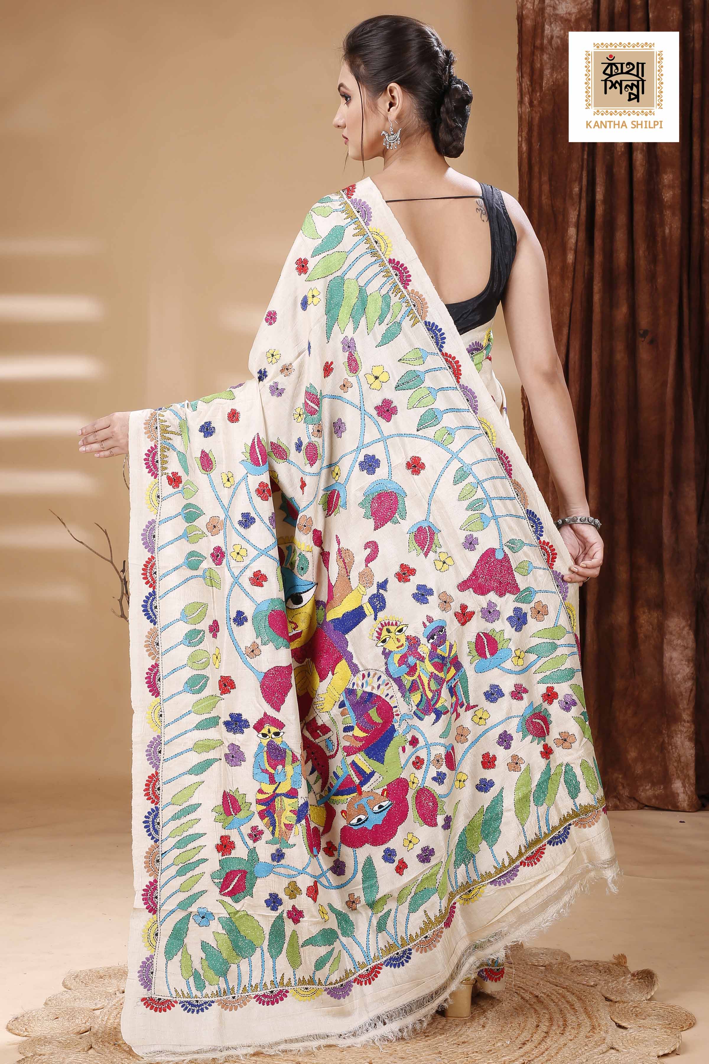 Gachi Tussar Multicolor Thread Work Maa Durga Theme Kantha Stitch Saree