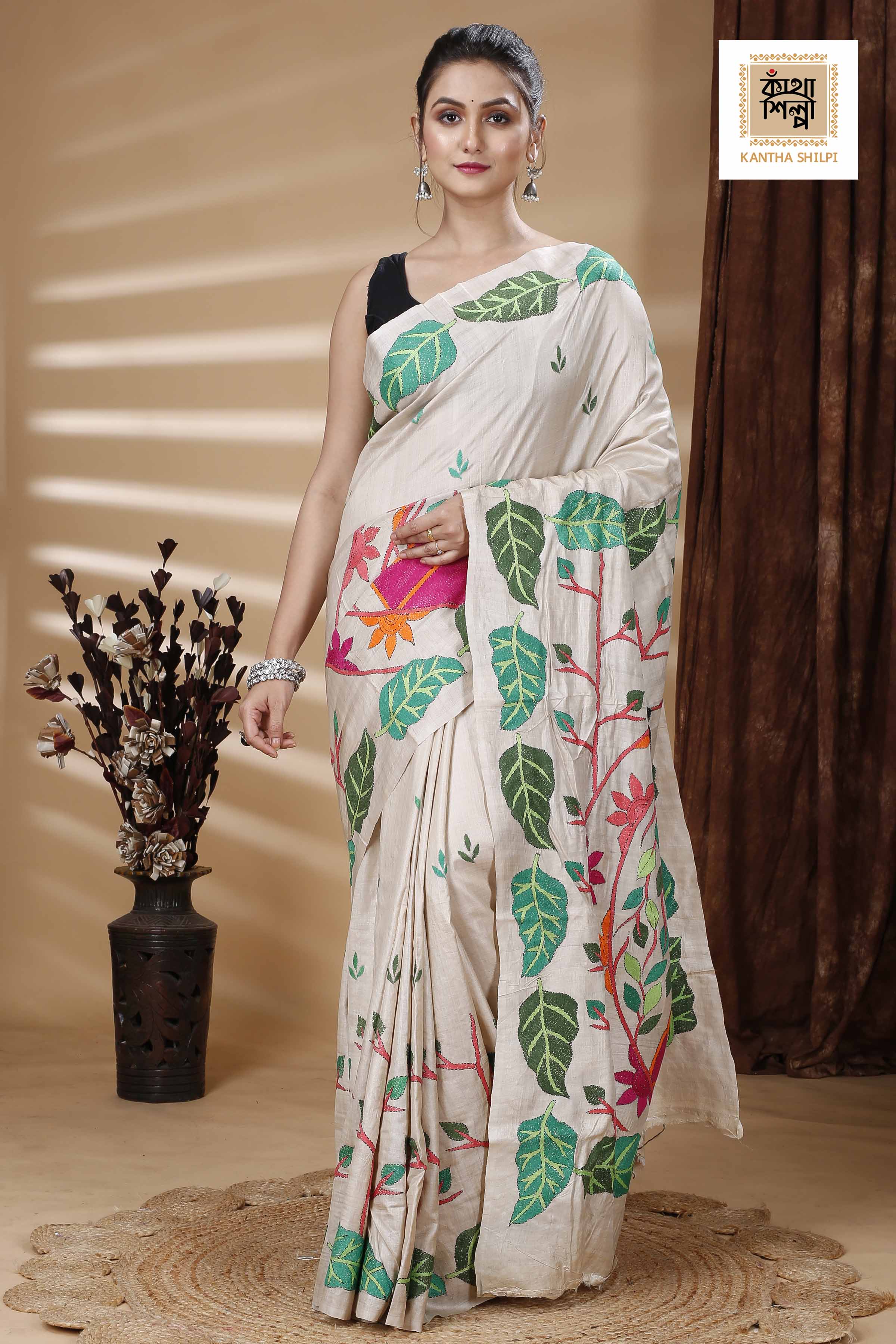 Pure Gachi Tussar Multicolor Thread Work Leaf and Lord Buddha Motif Kantha Stitch Saree