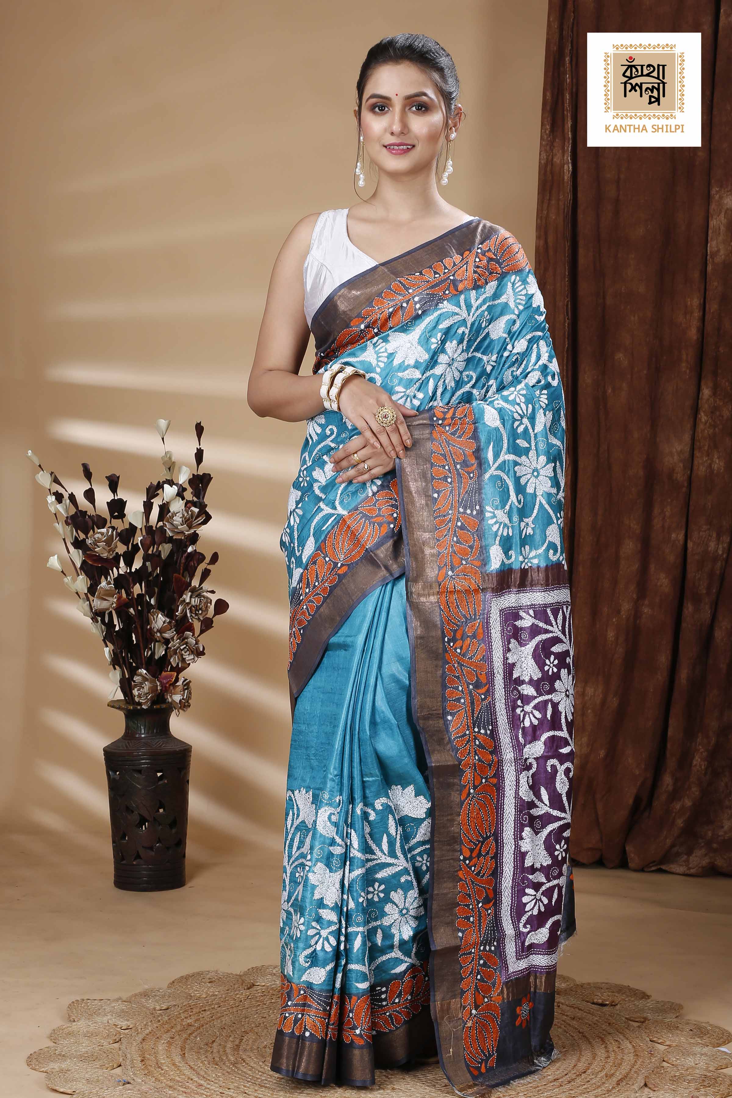 Zori Border Pure Dye Tussar Kantha Stitch Saree