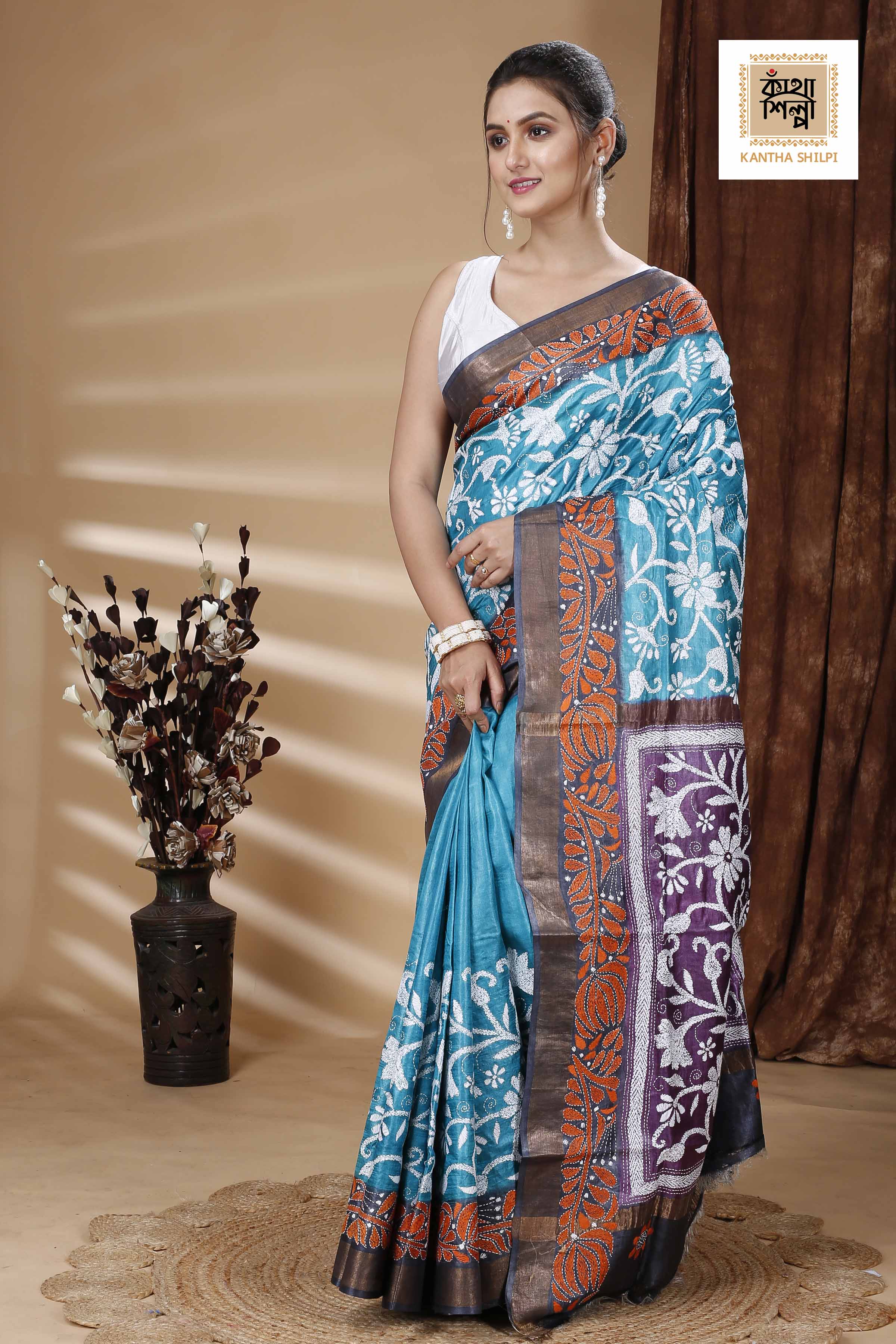 Zori Border Pure Dye Tussar Kantha Stitch Saree