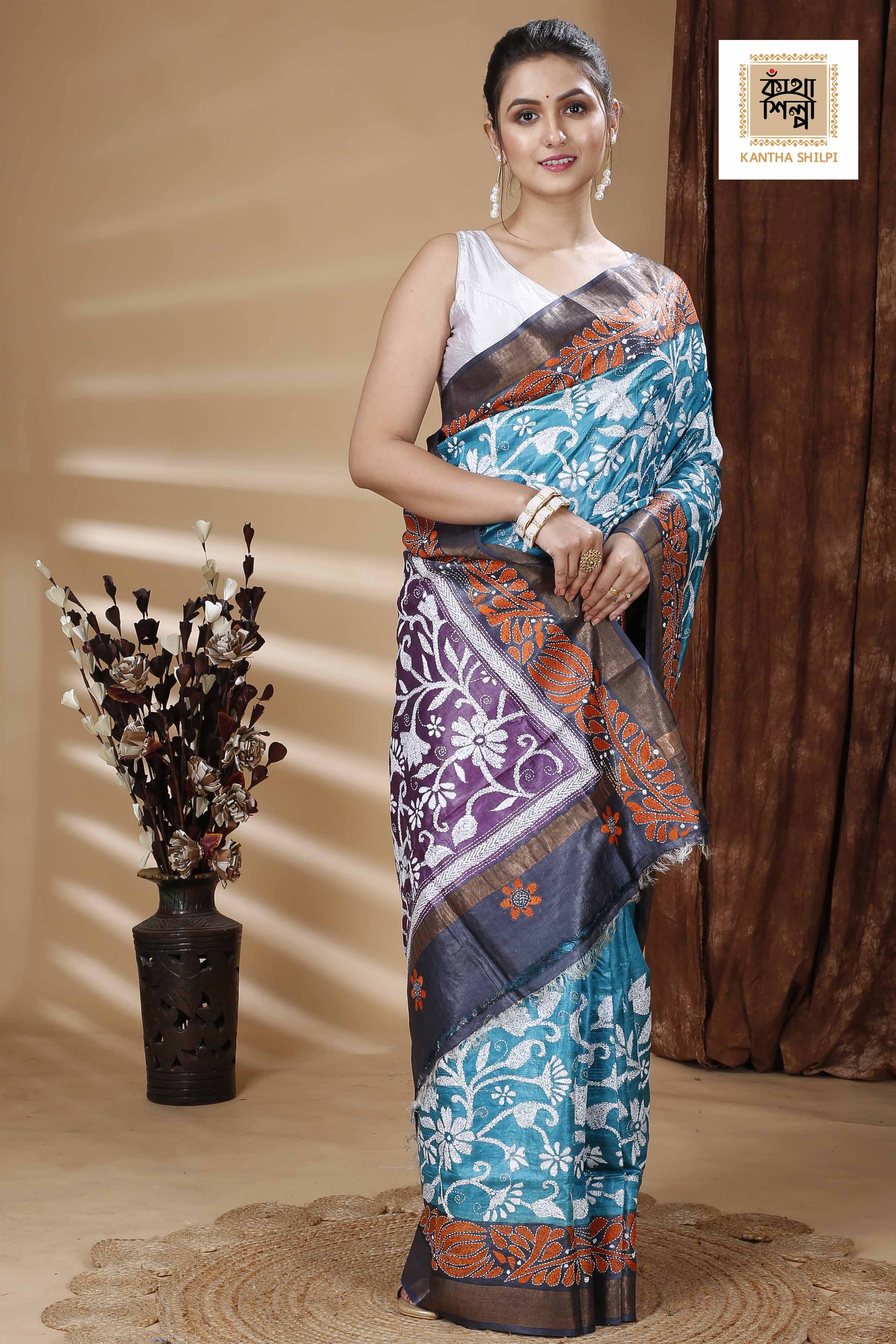 Zori Border Pure Dye Tussar Kantha Stitch Saree