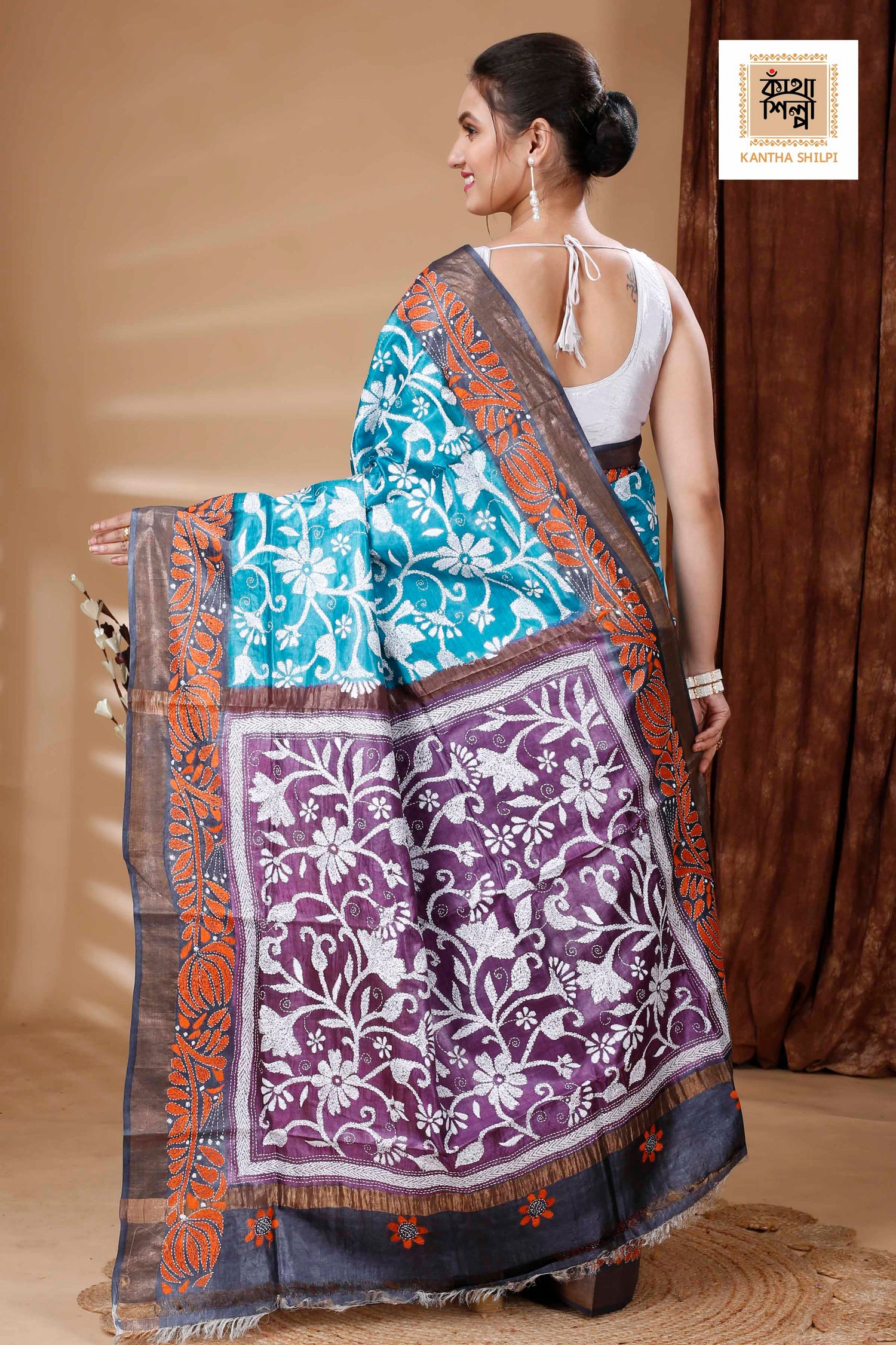 Zori Border Pure Dye Tussar Kantha Stitch Saree