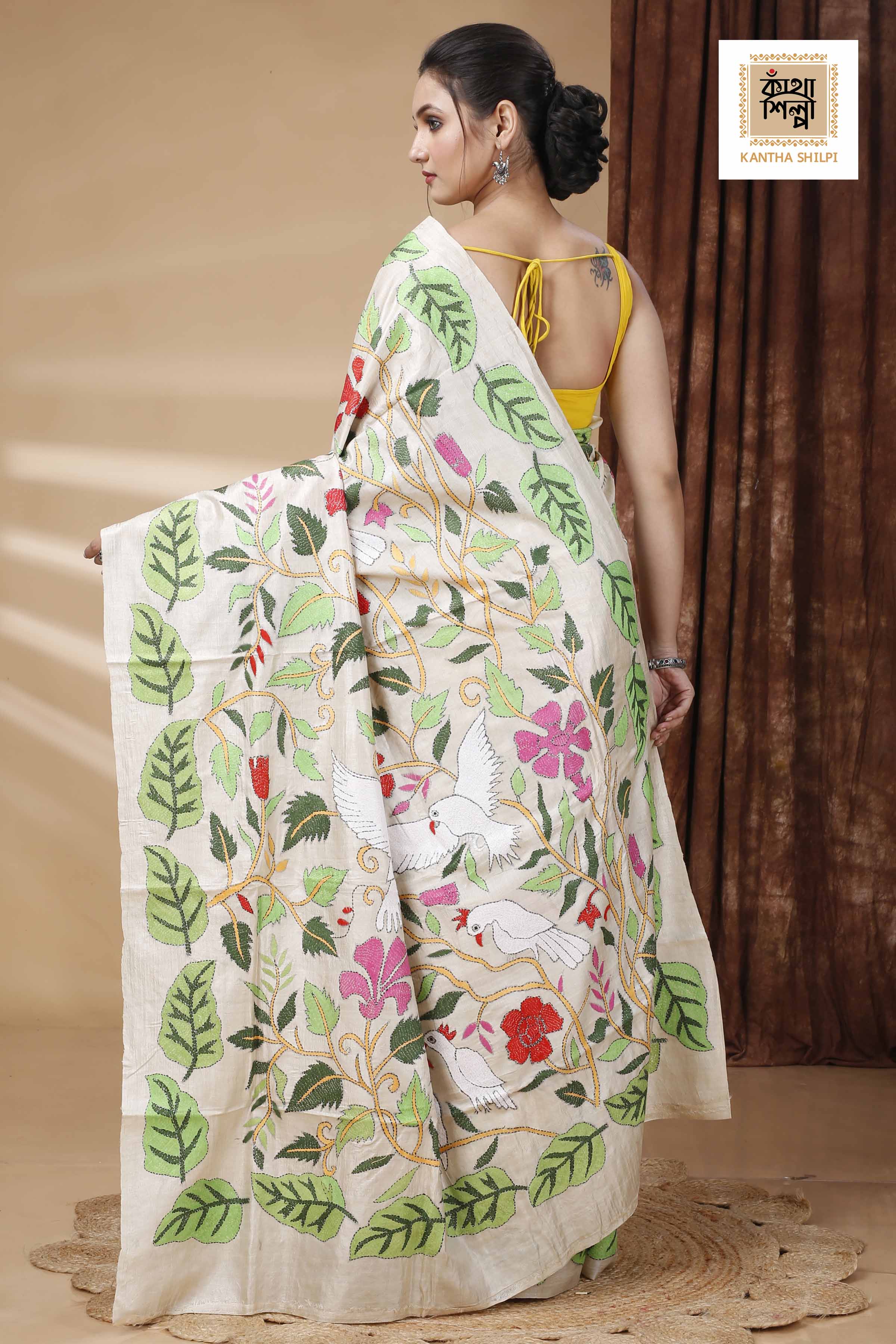 Pure Gachi Tussar Multicolor Thread Work Leaf and Floral with Bird Motif Kantha Stitch Saree