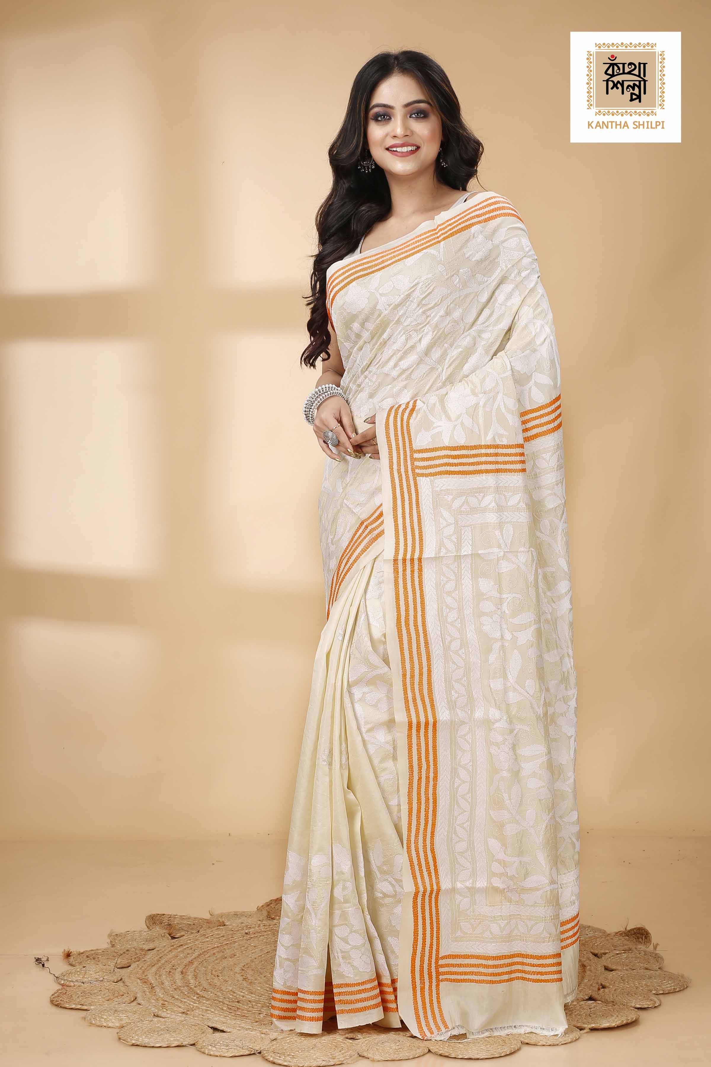 Off White Tussar White and Orange Color Thread Work Floral Motif Kantha Stitch Saree