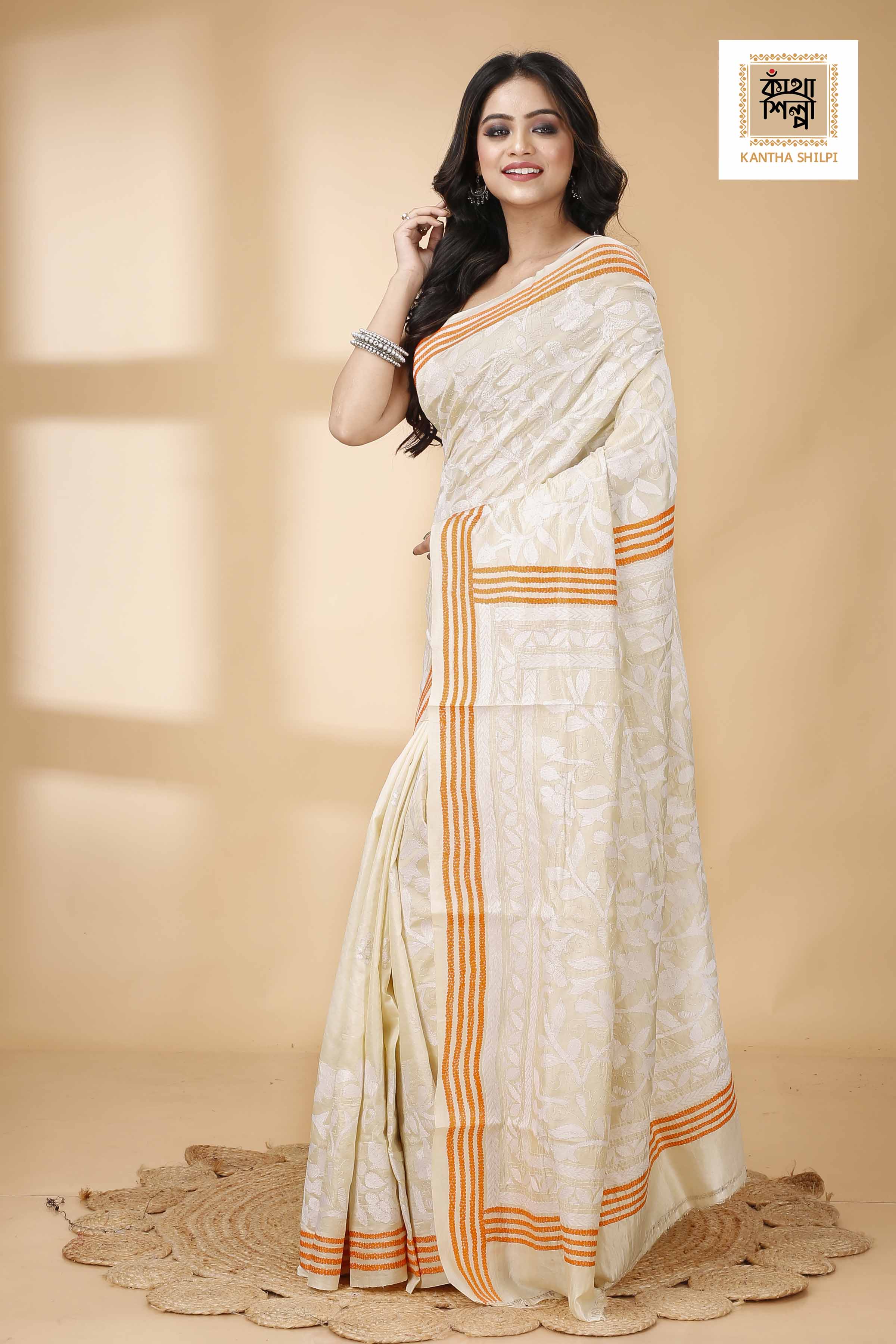 Off White Tussar White and Orange Color Thread Work Floral Motif Kantha Stitch Saree