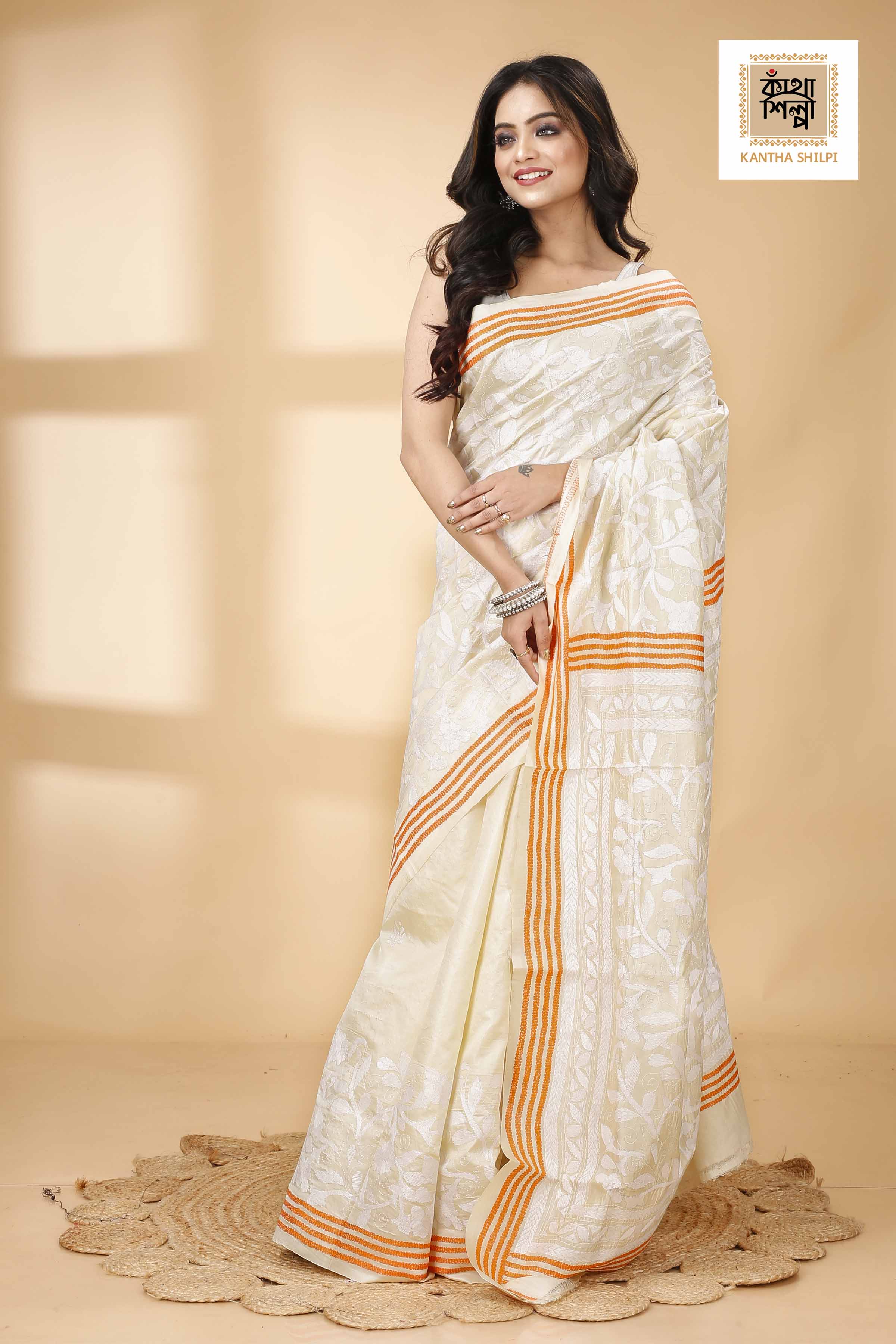 Off White Tussar White and Orange Color Thread Work Floral Motif Kantha Stitch Saree