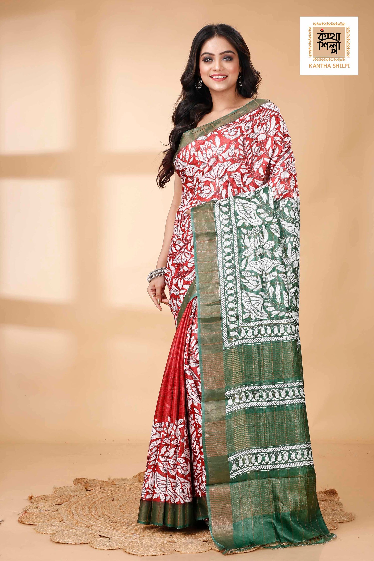 Zori Border and Checks Pure Dye Tussar Kantha Stitch Saree