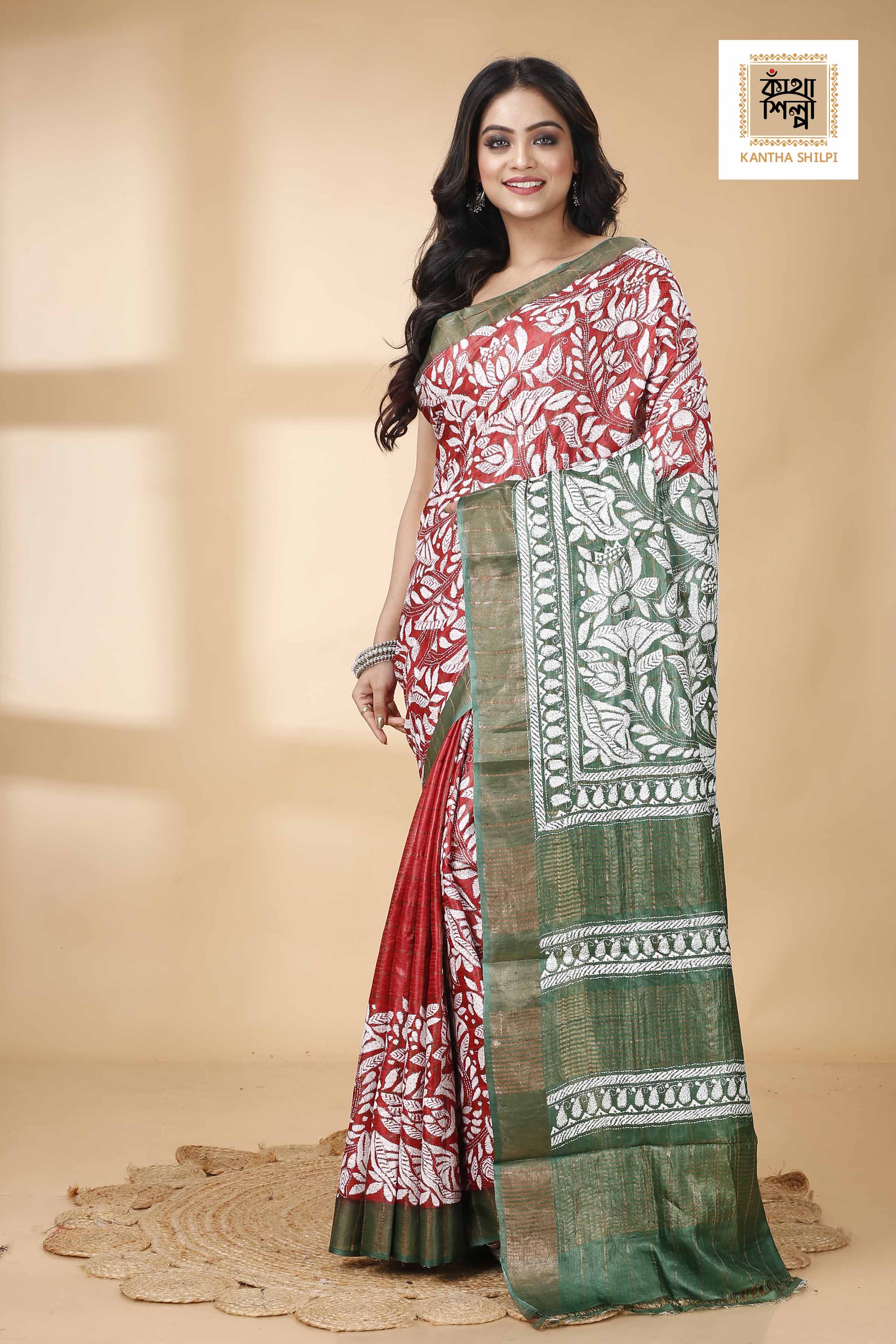 Zori Border and Checks Pure Dye Tussar Kantha Stitch Saree