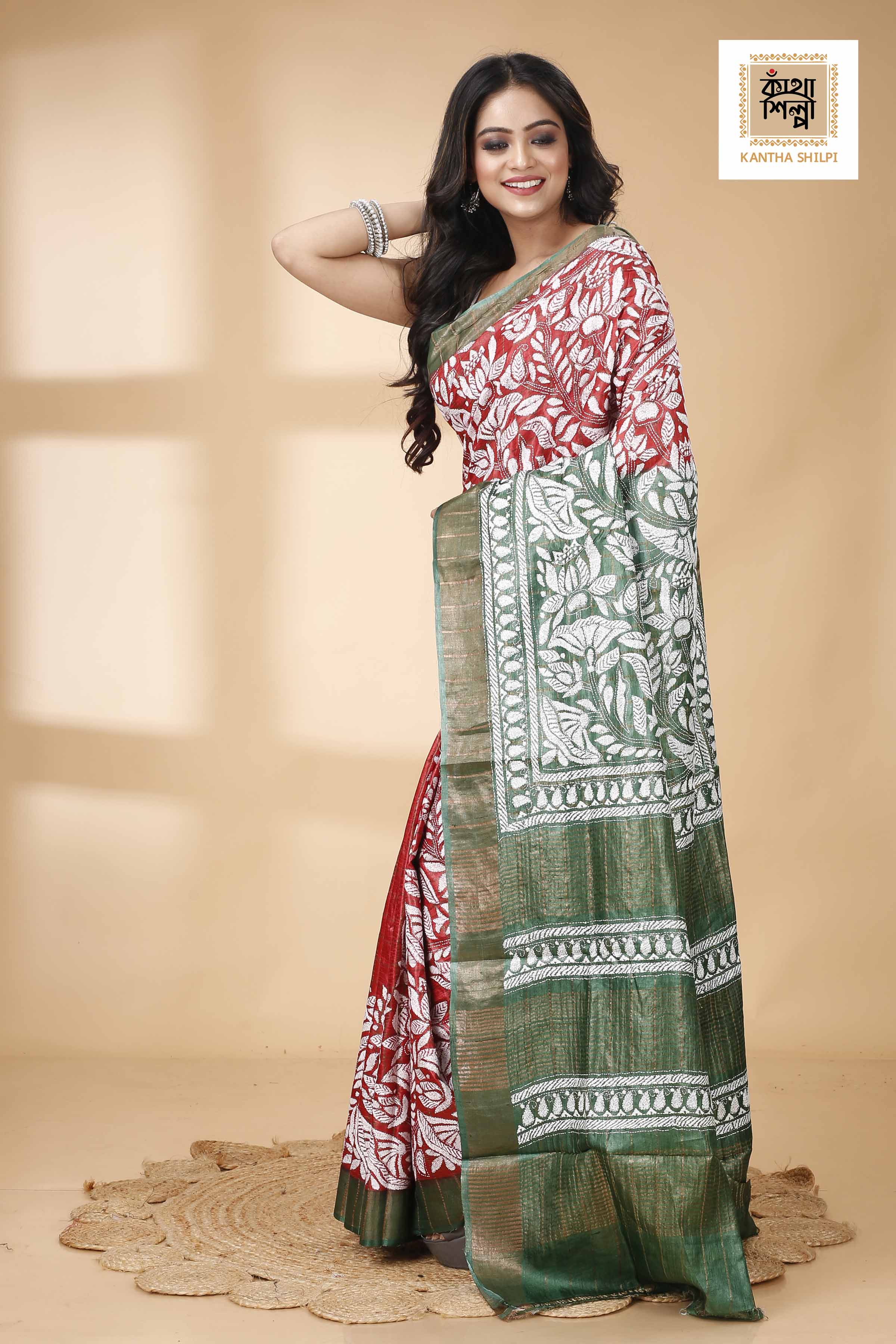 Zori Border and Checks Pure Dye Tussar Kantha Stitch Saree