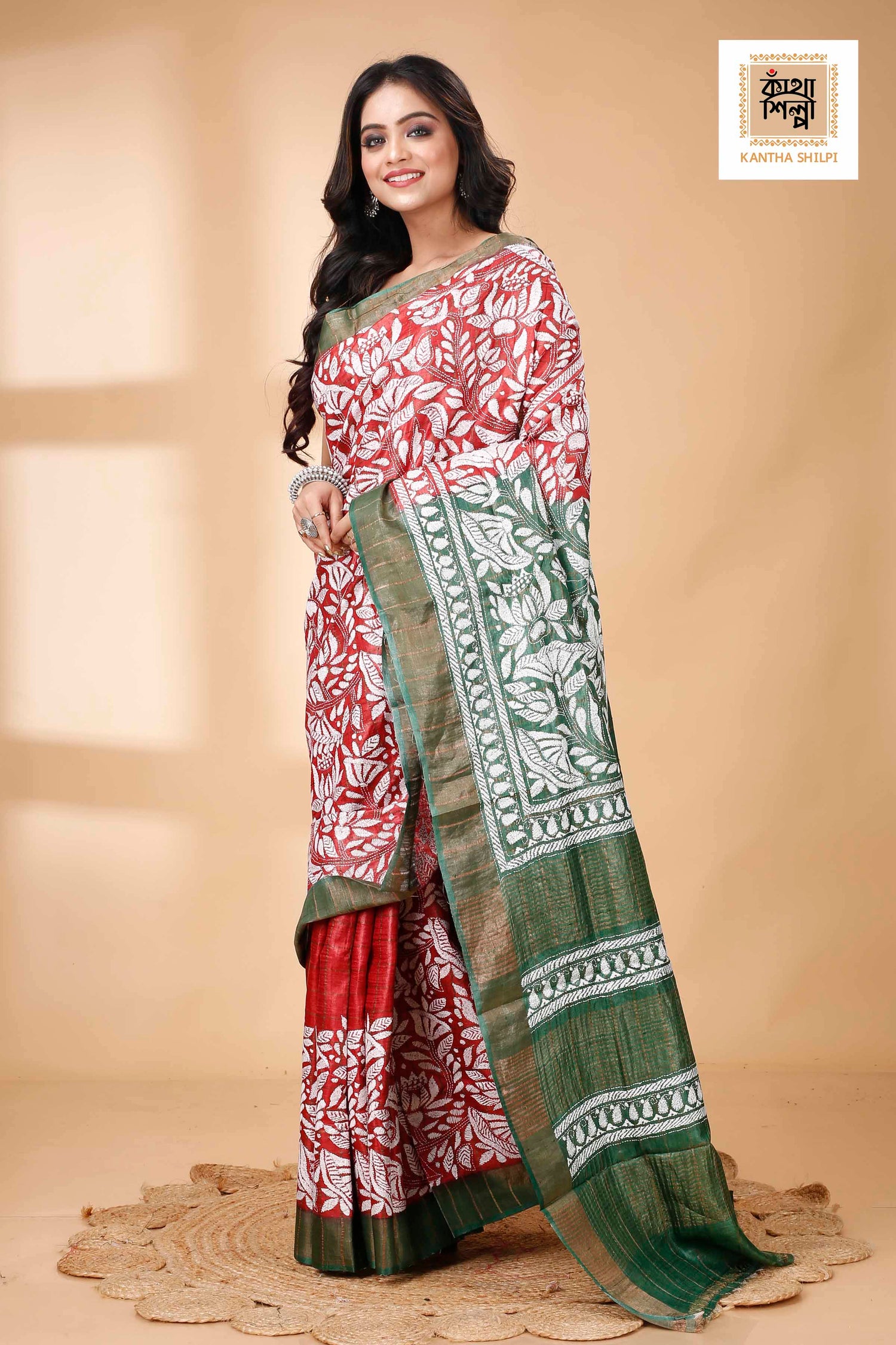 Zori Border and Checks Pure Dye Tussar Kantha Stitch Saree