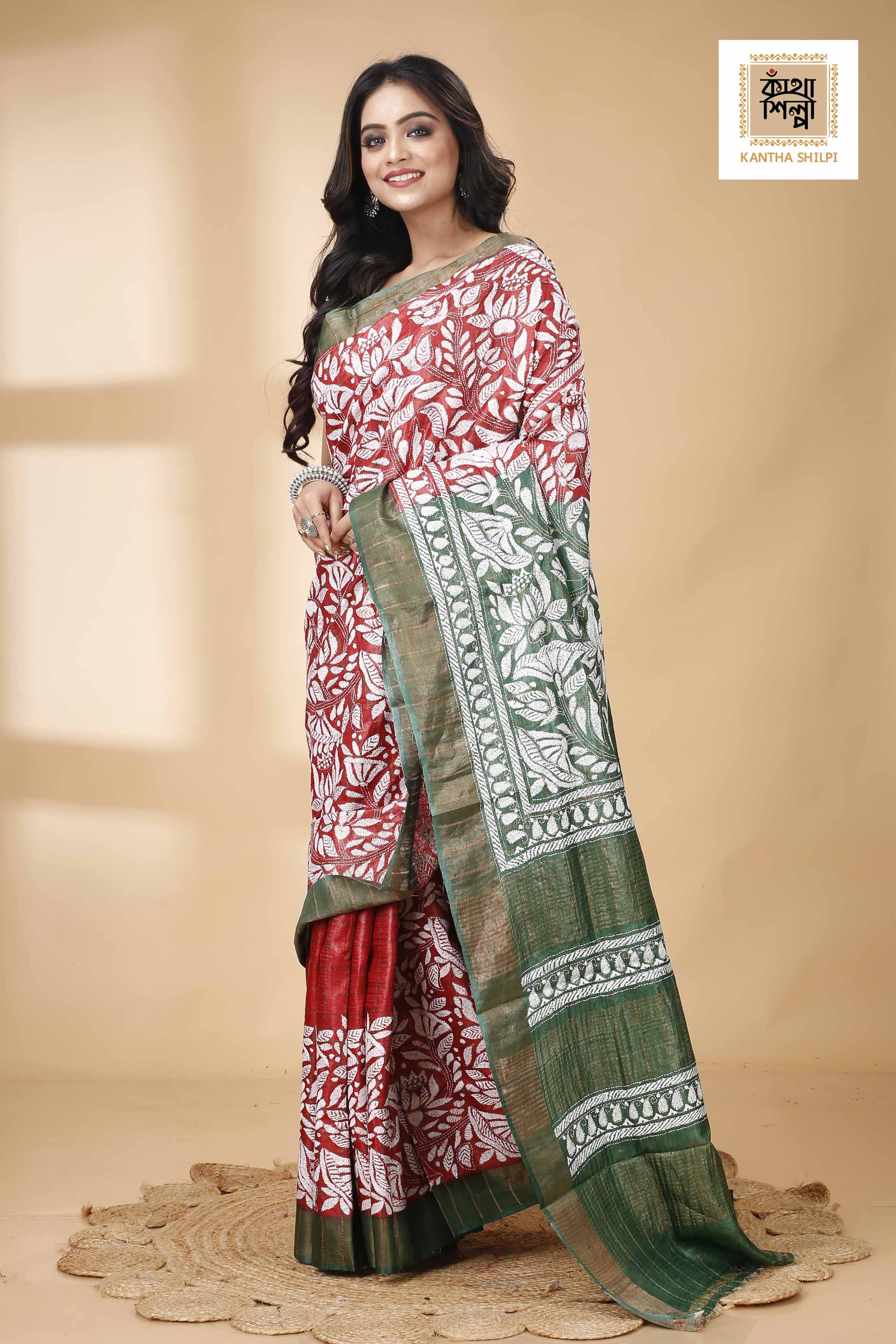 Zori Border and Checks Pure Dye Tussar Kantha Stitch Saree