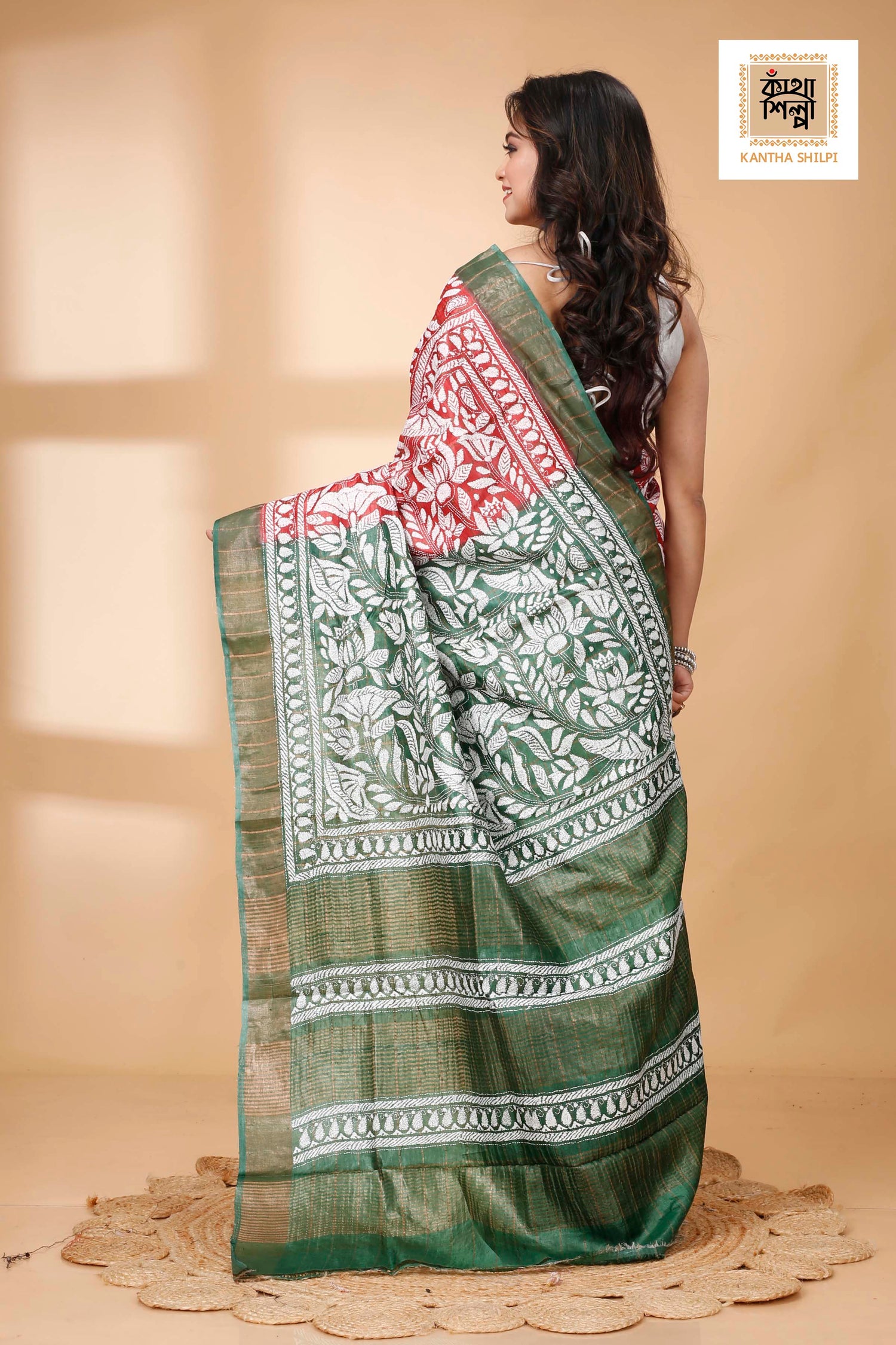 Zori Border and Checks Pure Dye Tussar Kantha Stitch Saree